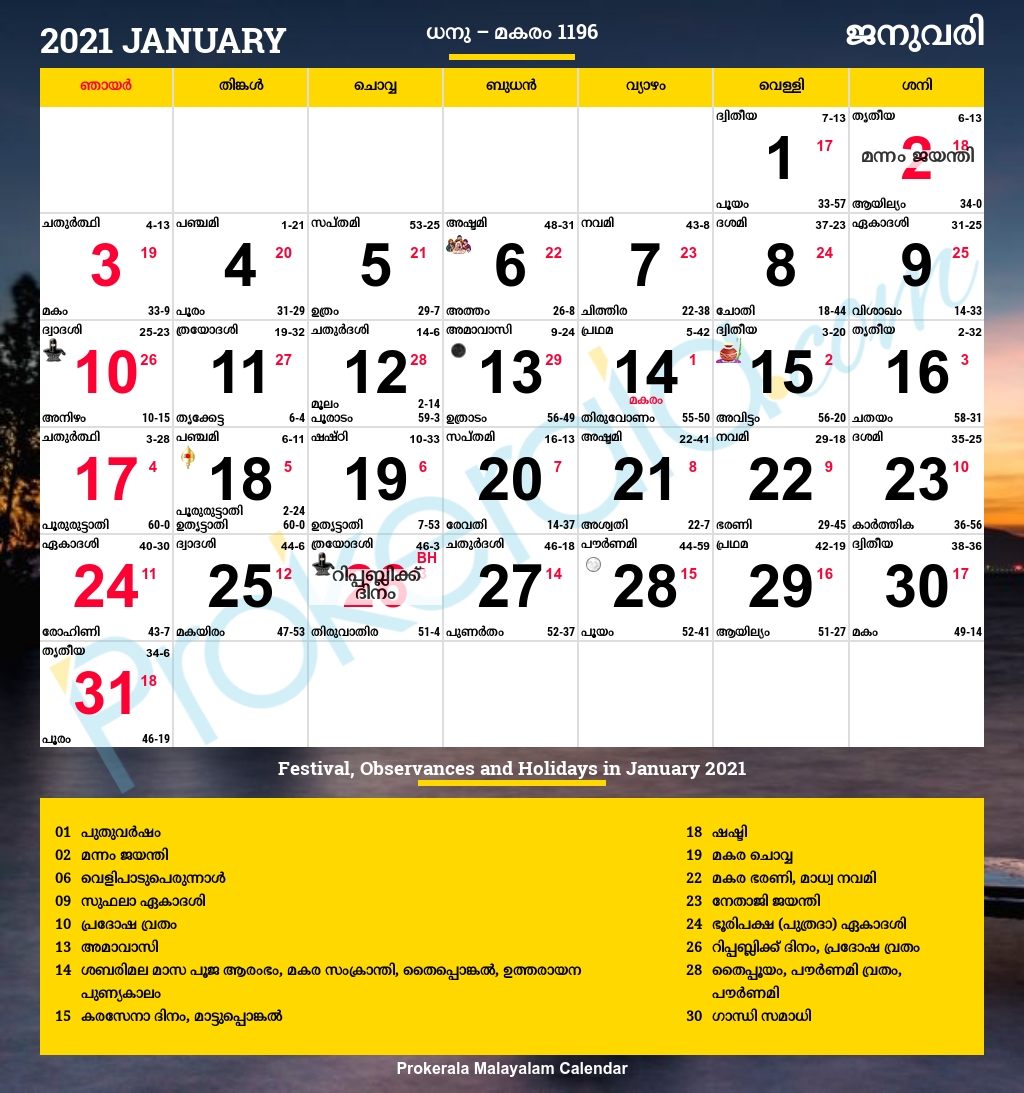 Malayalam Calendar 2021, January 2021 Malayalm Manoram Calender