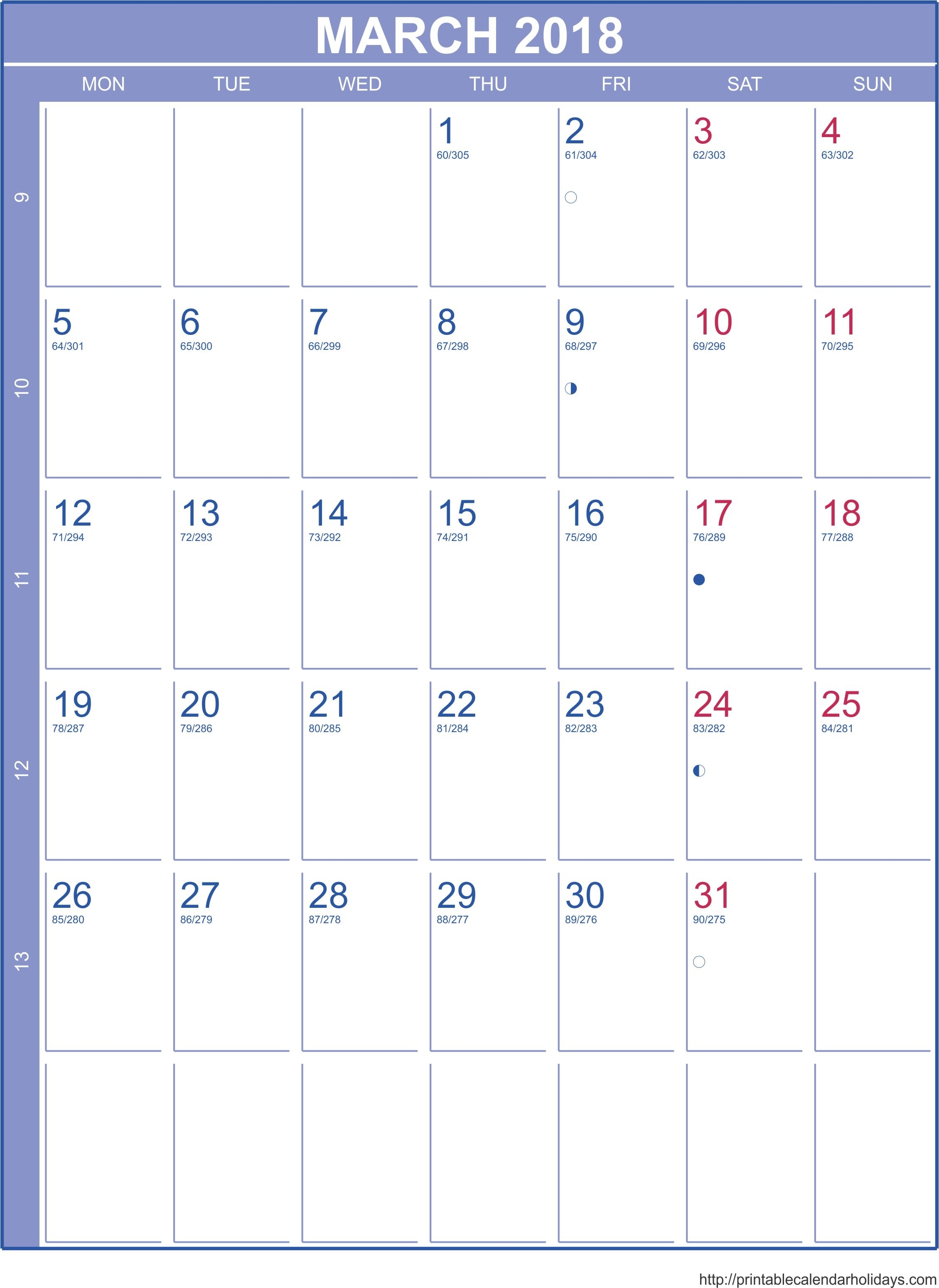 March 2018 Calendar – Template Portrait - Printable Calendar Free Printable Calendar Templates Portrait