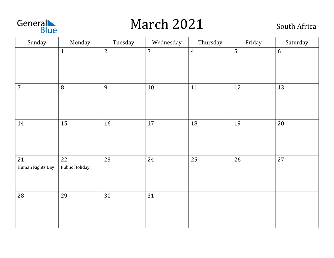 March 2021 Calendar - South Africa Printable Calendar 2021 South Africa