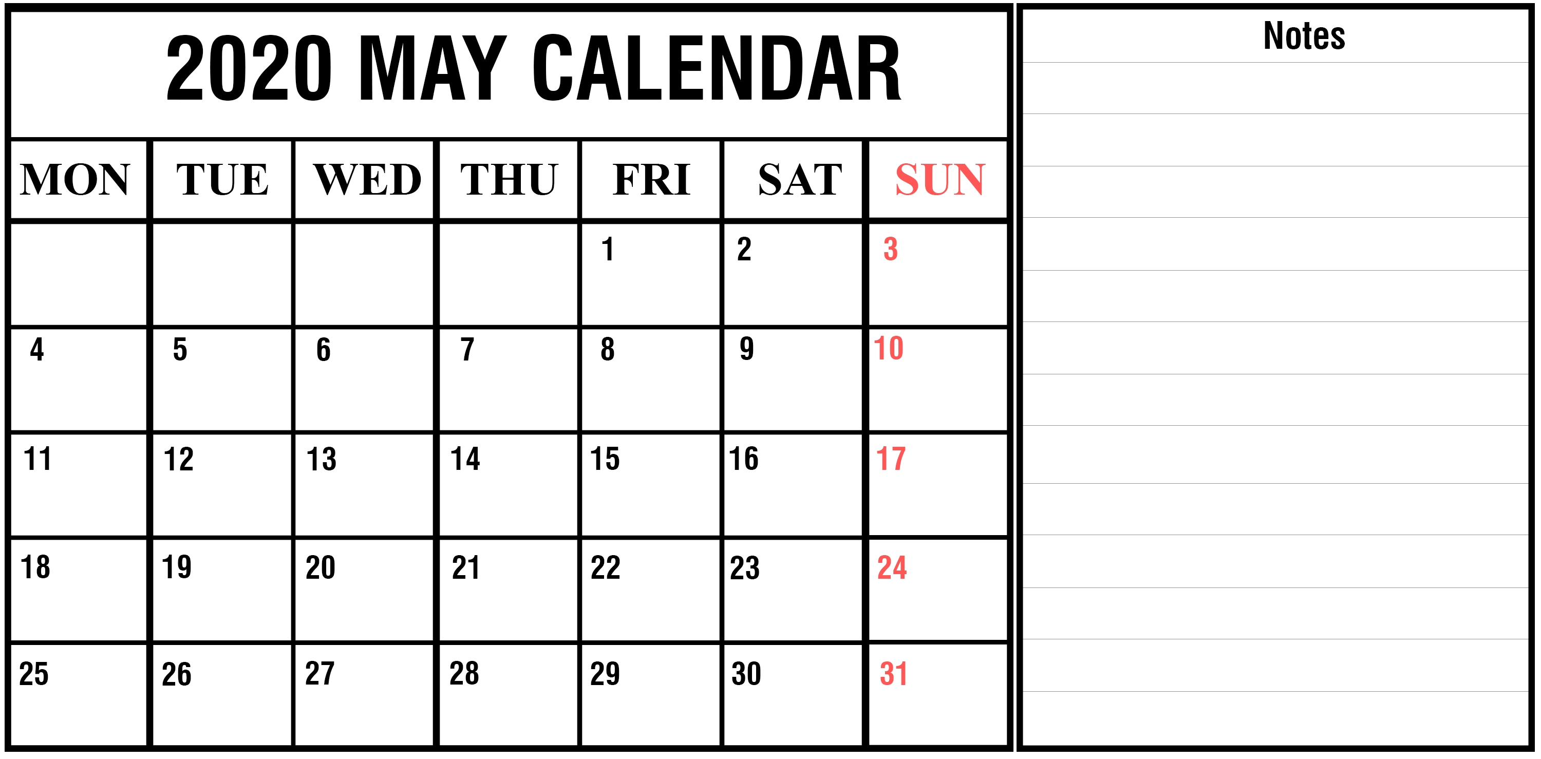 May 2020 Calendar With Notes #May #2020 #May2020 Calendar Template With Notes