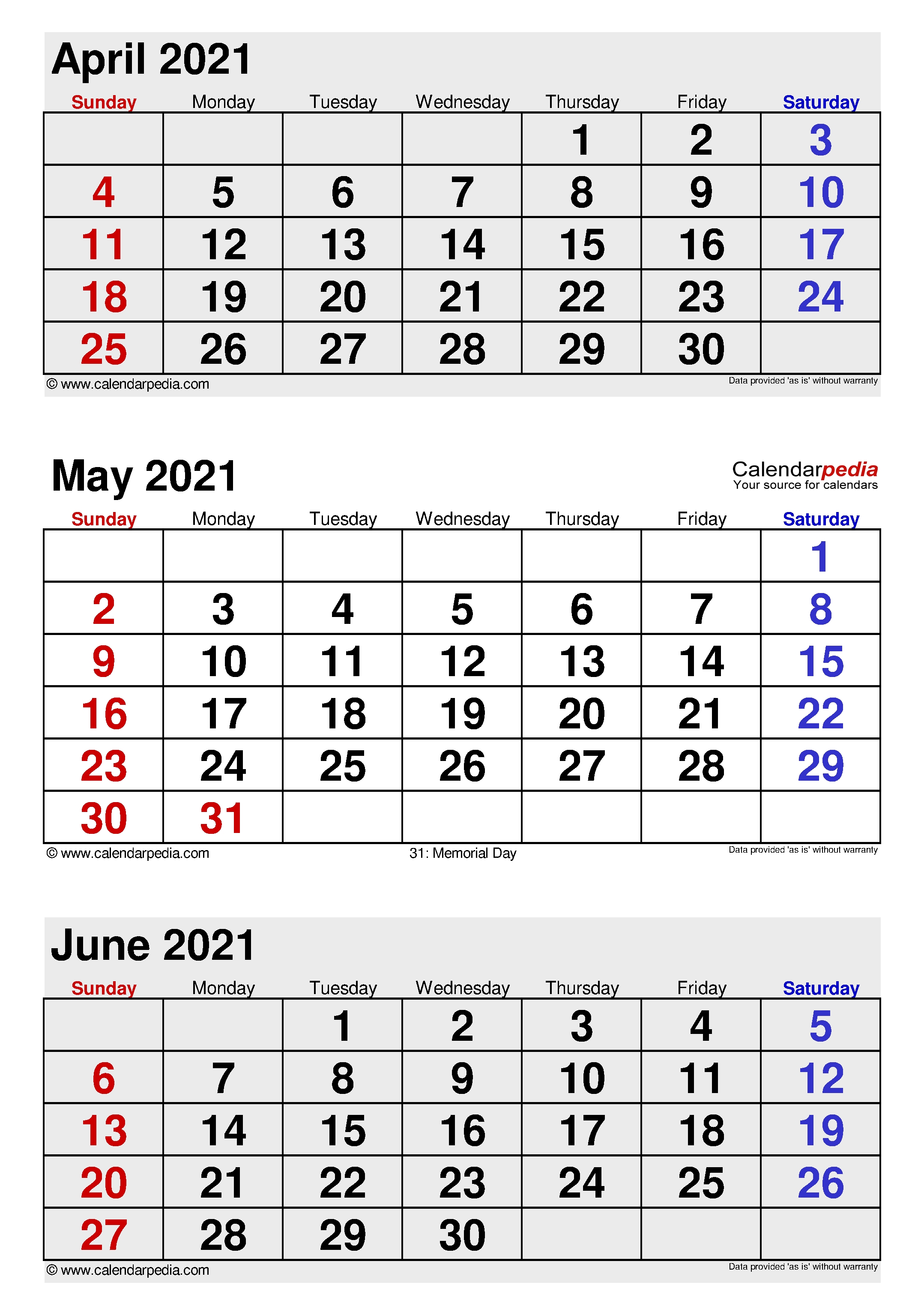 May 2021 Calendar | Templates For Word, Excel And Pdf Free Printable Calendars 3 Months 2021