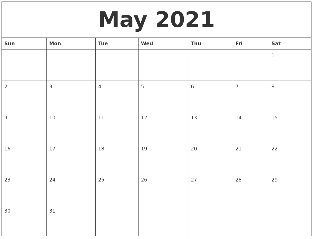 May 2021 Month Calendar Template Blank Monthly Calendar 2021