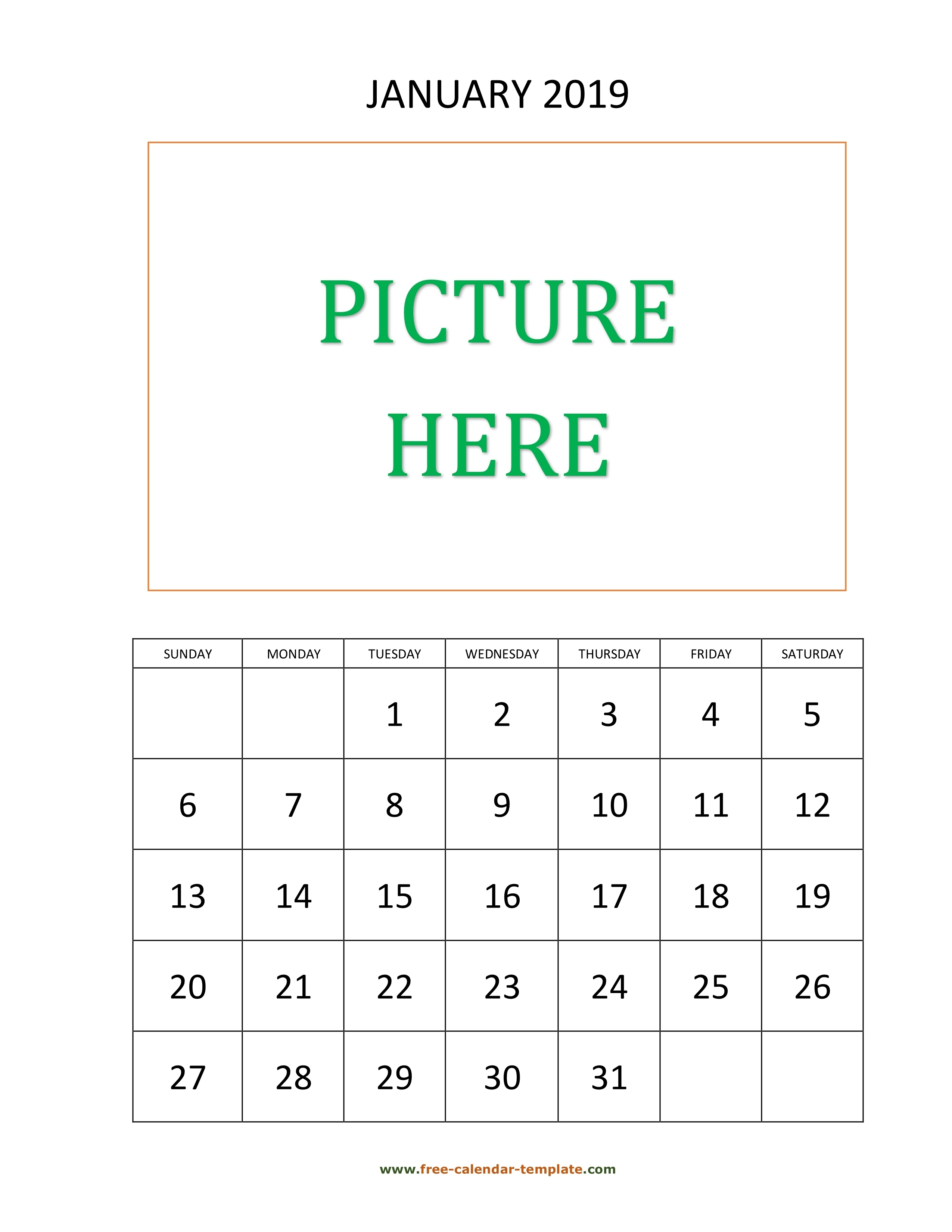 Monthly Printable 2019 Calendar, Space For Add Picture Calendar Template To Add Pictures