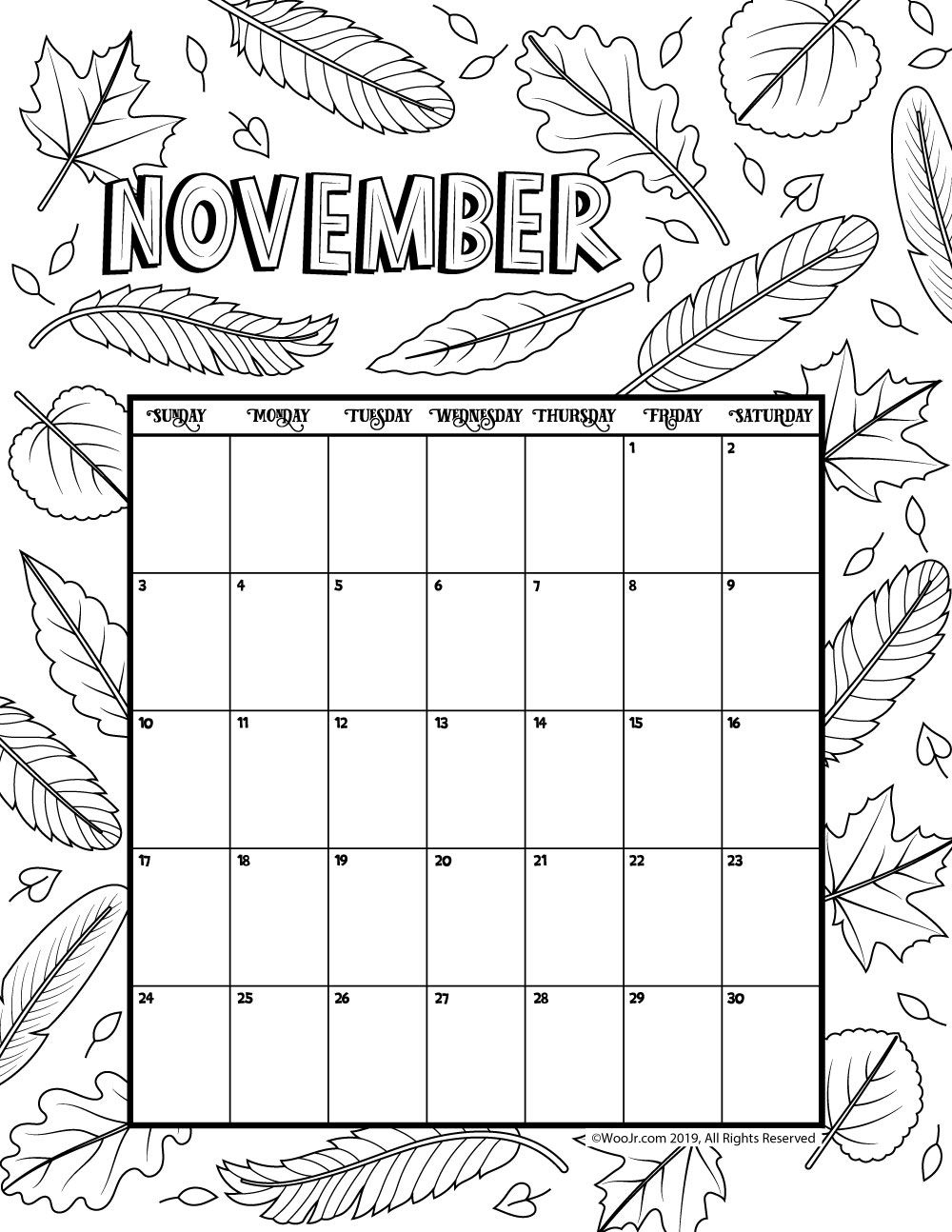 November 2019 Coloring Calendar | Woo! Jr. Kids Activities November Calendar Template Kindergarten