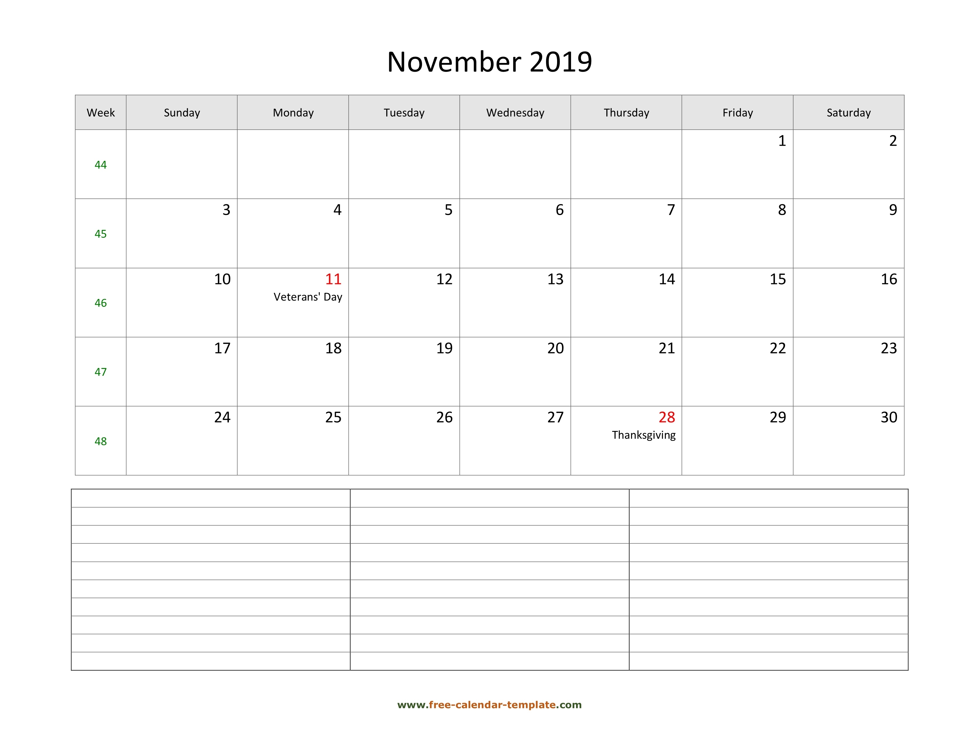 November 2019 Free Calendar Tempplate | Free-Calendar Calendar Template With Notes