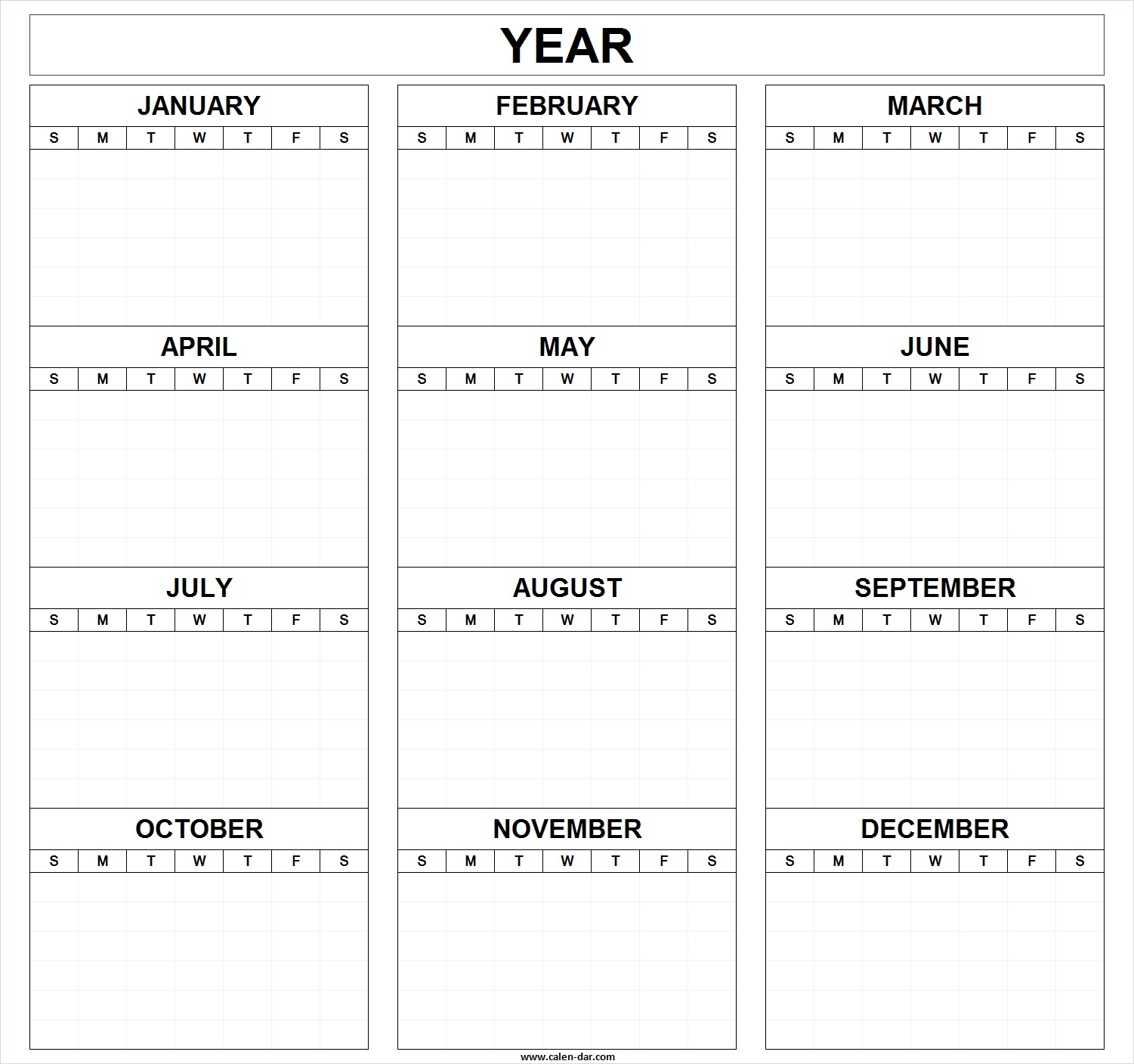 Printable Blank Year Calendar Template By Month | Editable Year Calendar One Page Template