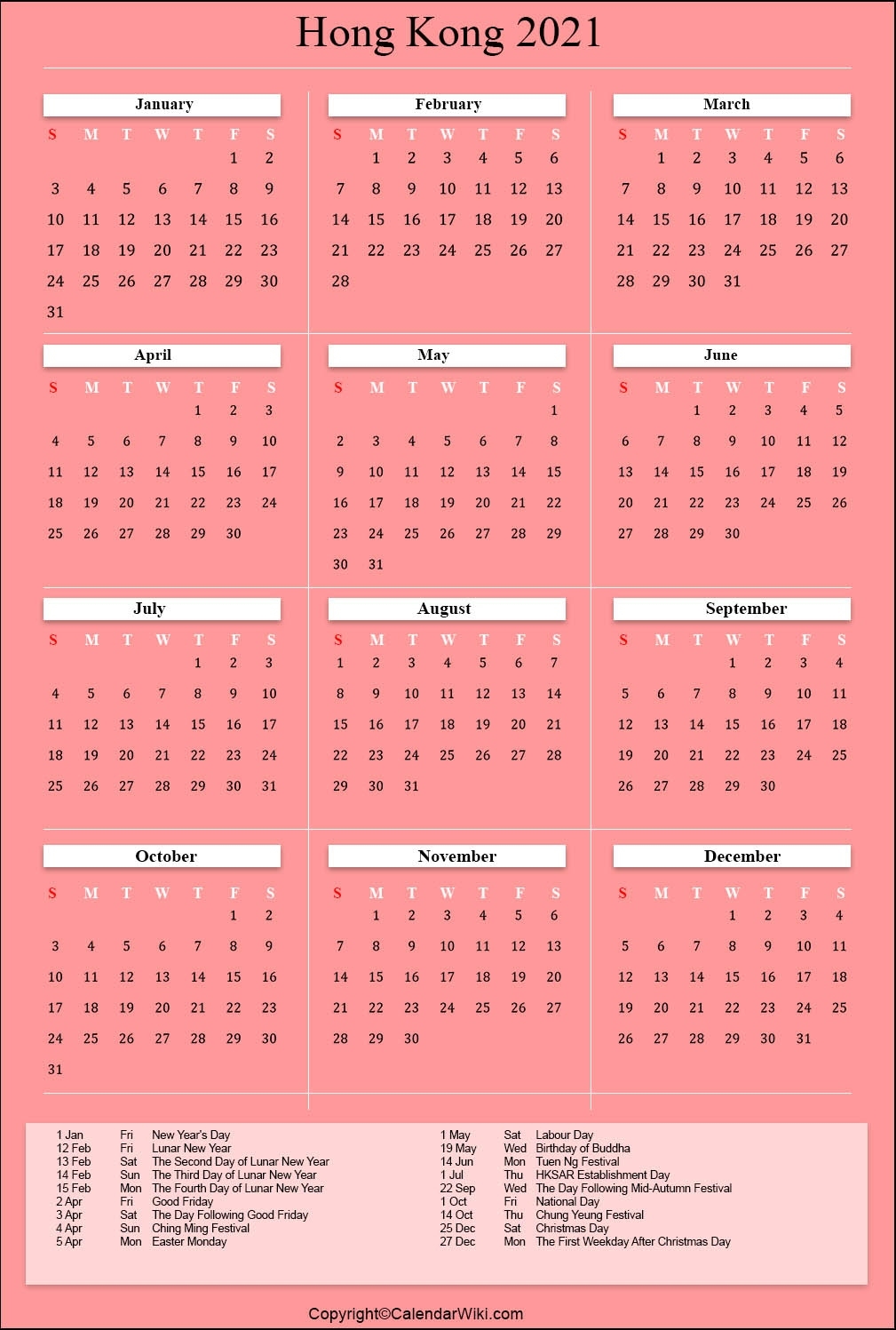 Printable Hongkong Calendar 2021 With Holidays [Public Holidays] 2021 Calendar Hong Kong