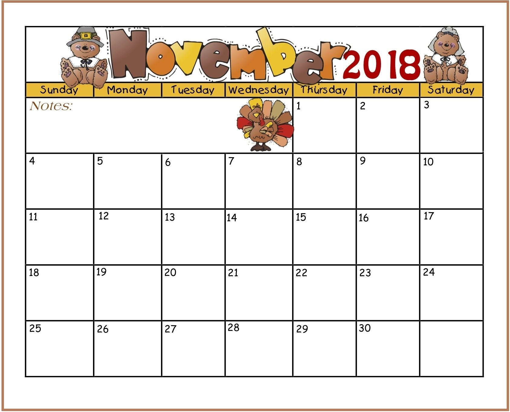 Printable November 2018 Calendar For Kids | Kids Calendar November Calendar Template Kindergarten