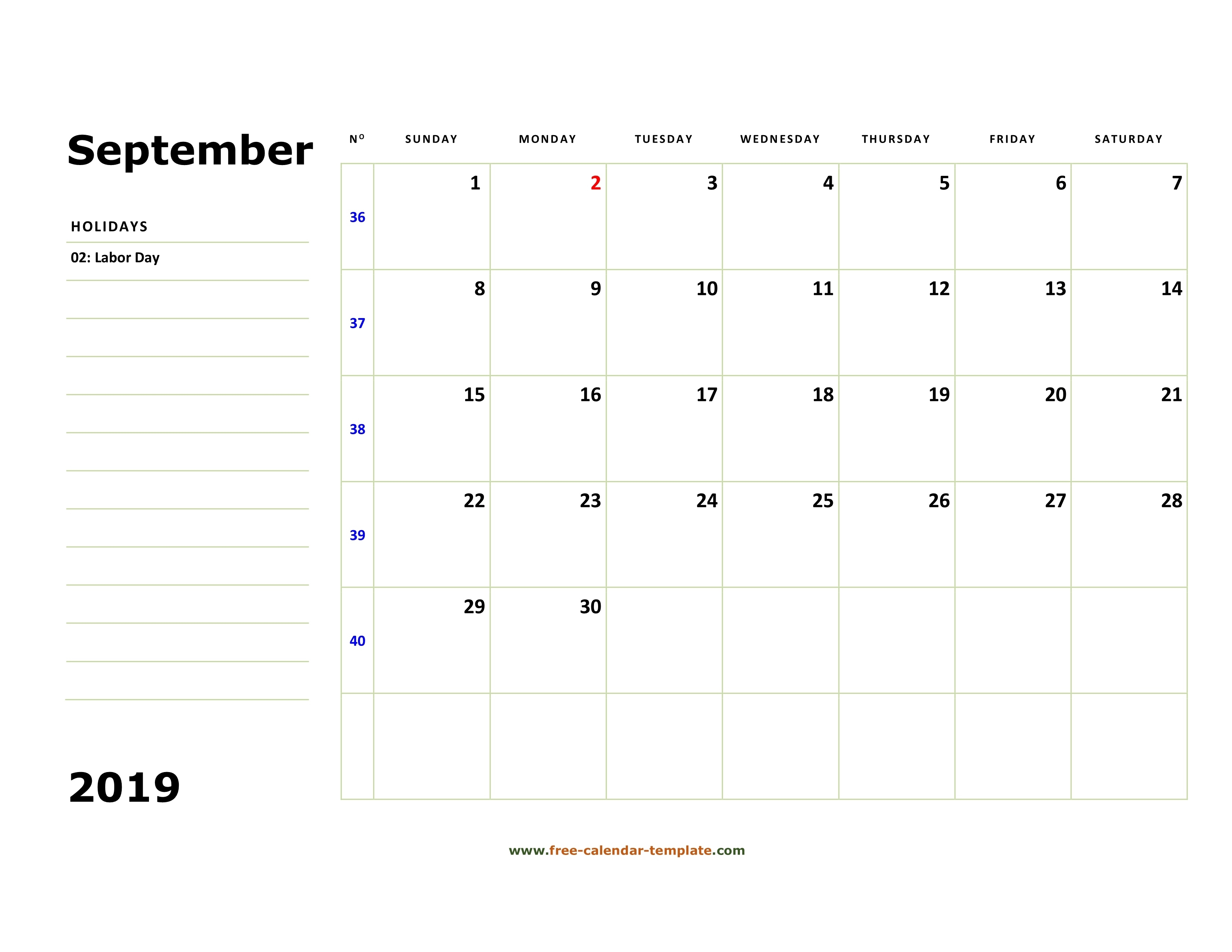 Printable September 2019 Calendar (Box And Lines For Notes Calendar Template With Notes