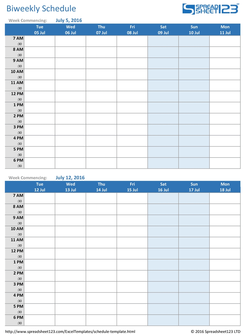 Printable Weekly And Biweekly Schedule Templates For Excel 6 Day Calendar Template