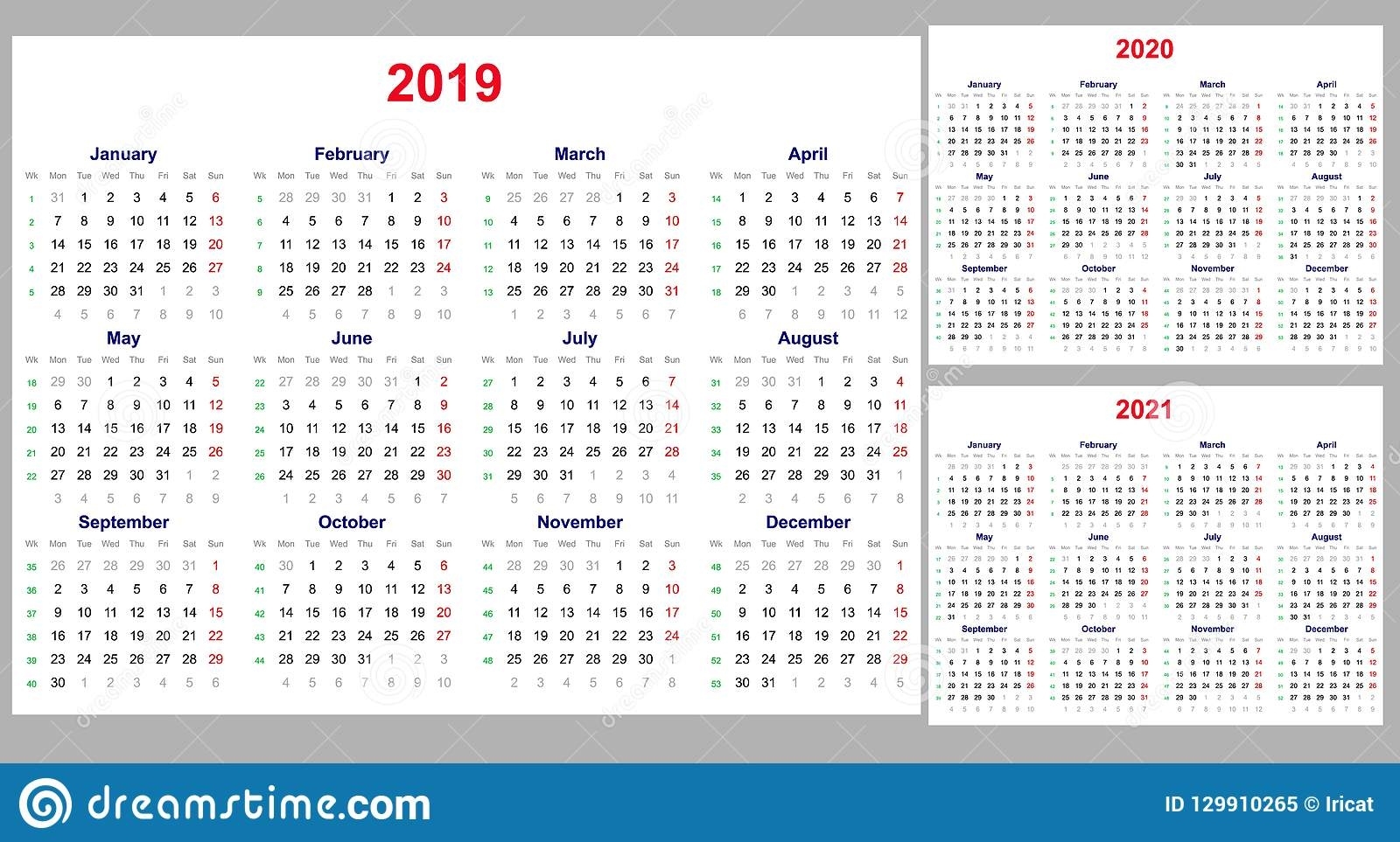 Rejilla Del Calendario Por 2019, 2020 Y 2021 Años Fijados El Calendario Semanas 2021