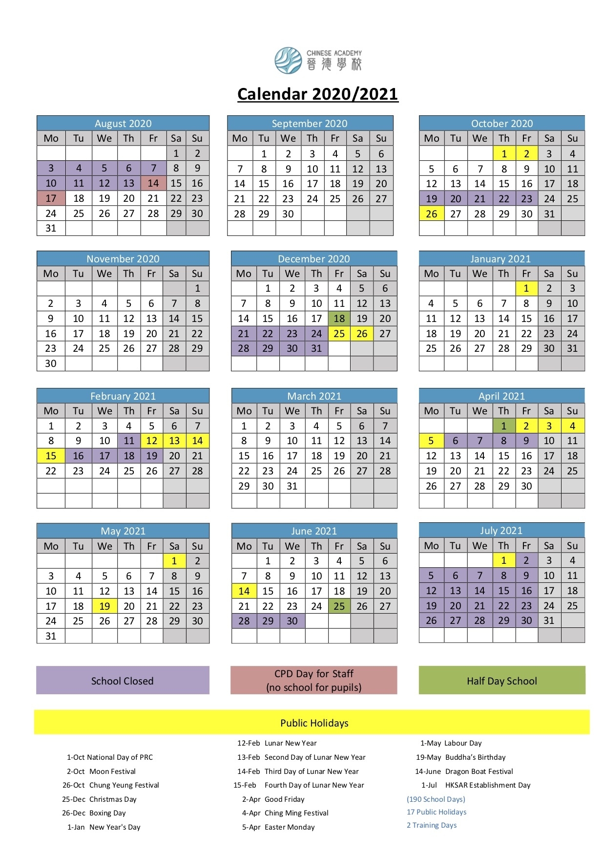 School Calendar 2020/2021 - International Chinese Academy 晉 2021 Calendar Hong Kong
