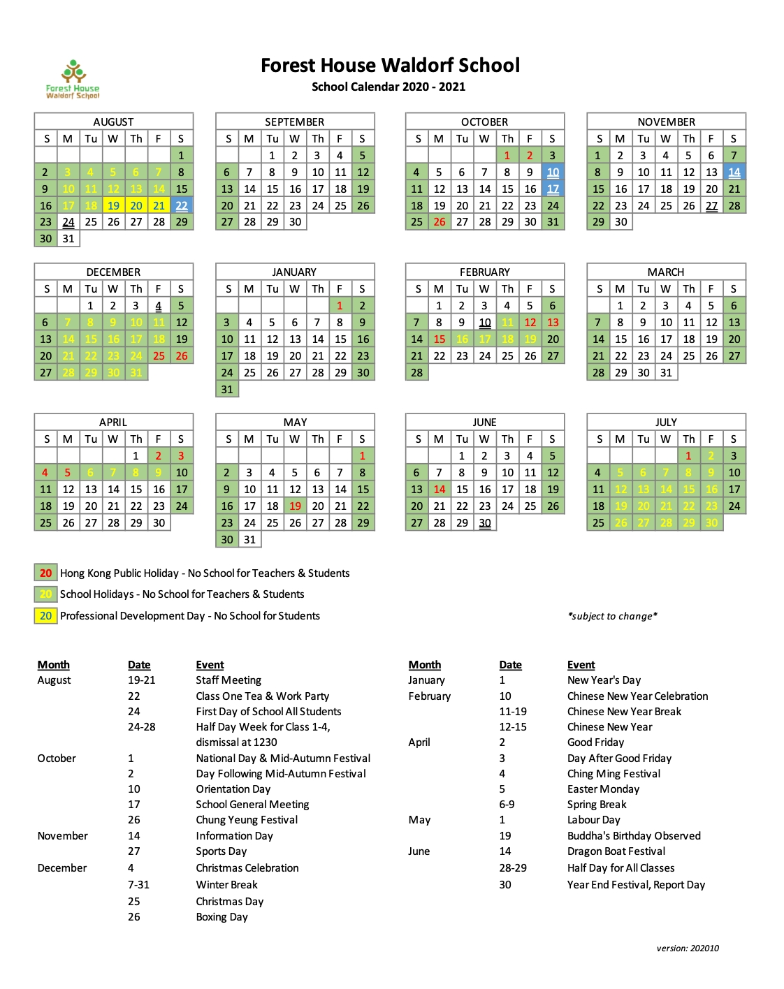 School Calendar - Forest House Waldorf School 2021 Calendar Hong Kong