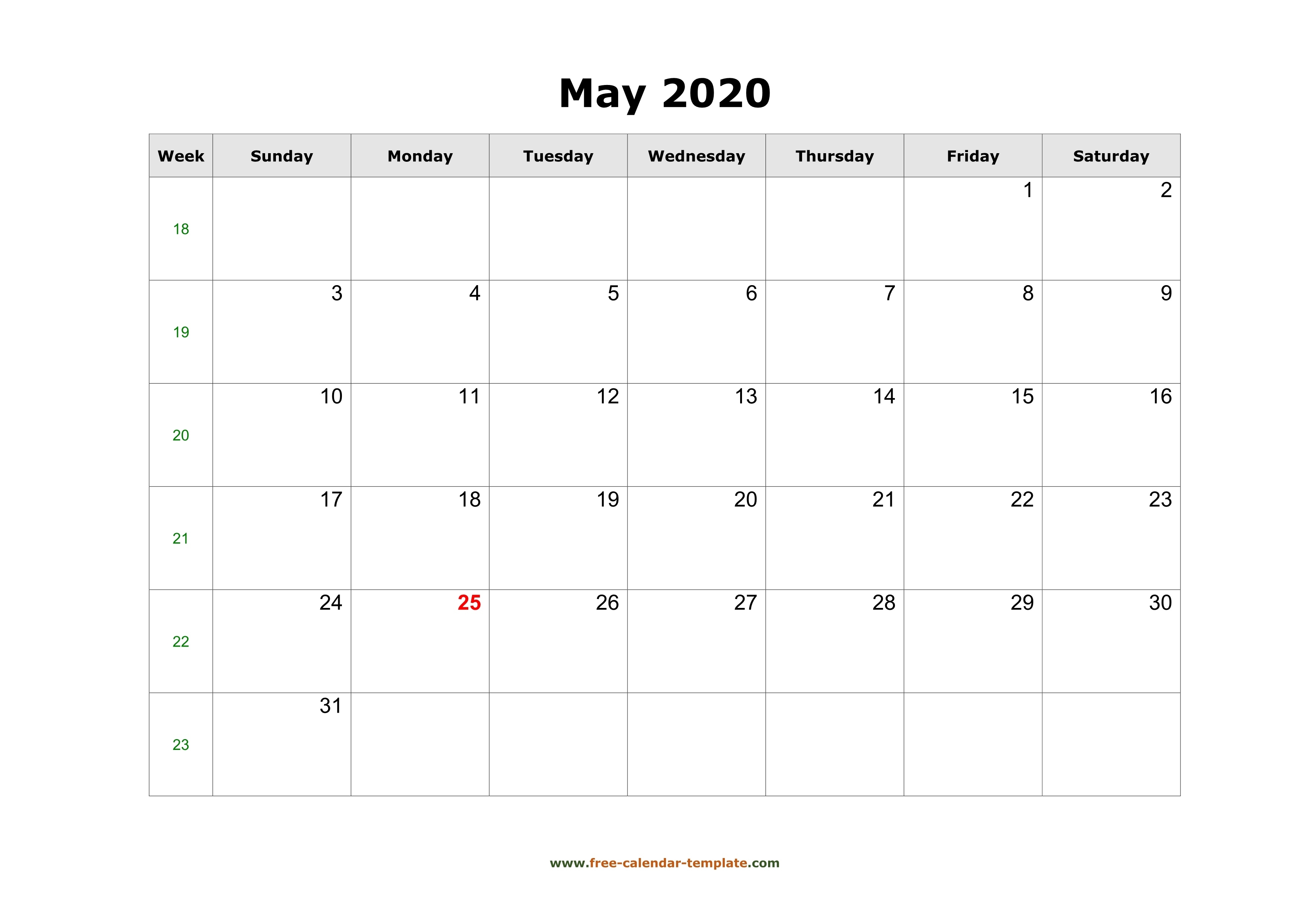 Simple May Calendar 2020 Large Box On Each Day For Notes Calendar Template Big Boxes