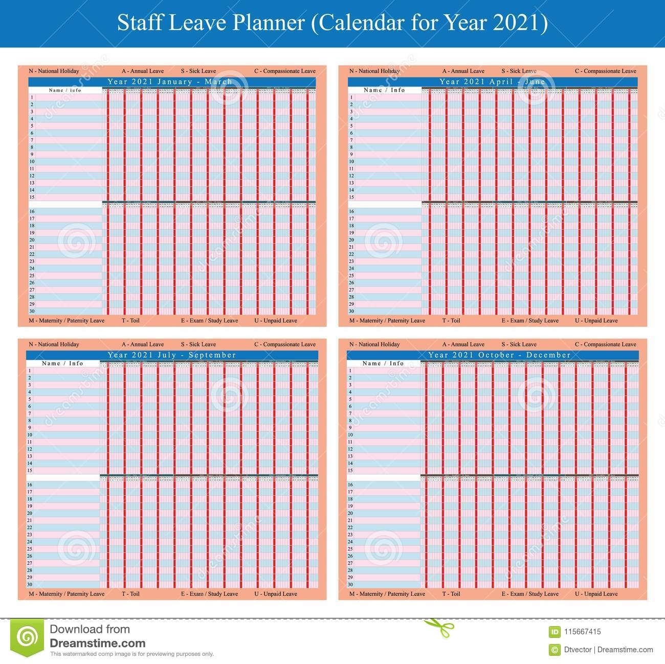 Staff Holiday Planner 2021 Stock Vector. Illustration Of Sick Day Calendar For Employees 2021