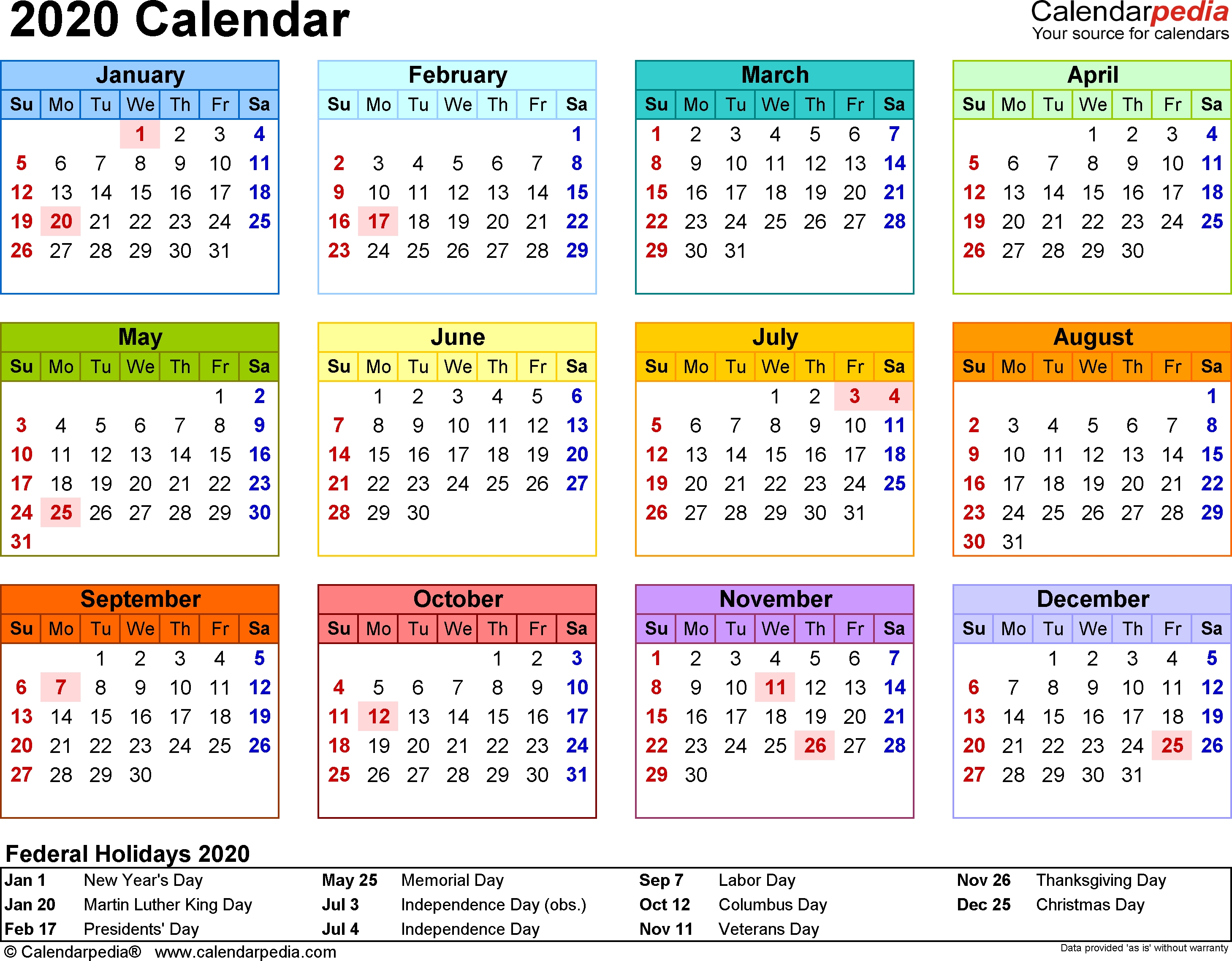 Template 8: 2020 Calendar For Word, Year At A Glance, 1 Page A Yearly Calendar Template
