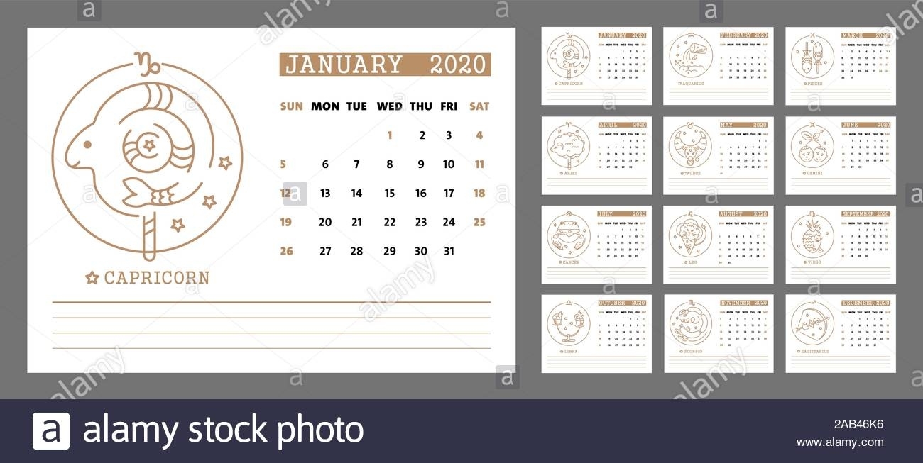 Vector Calendar 2020 Printable Template. New Year Days In Days In A Zodiac Calendar