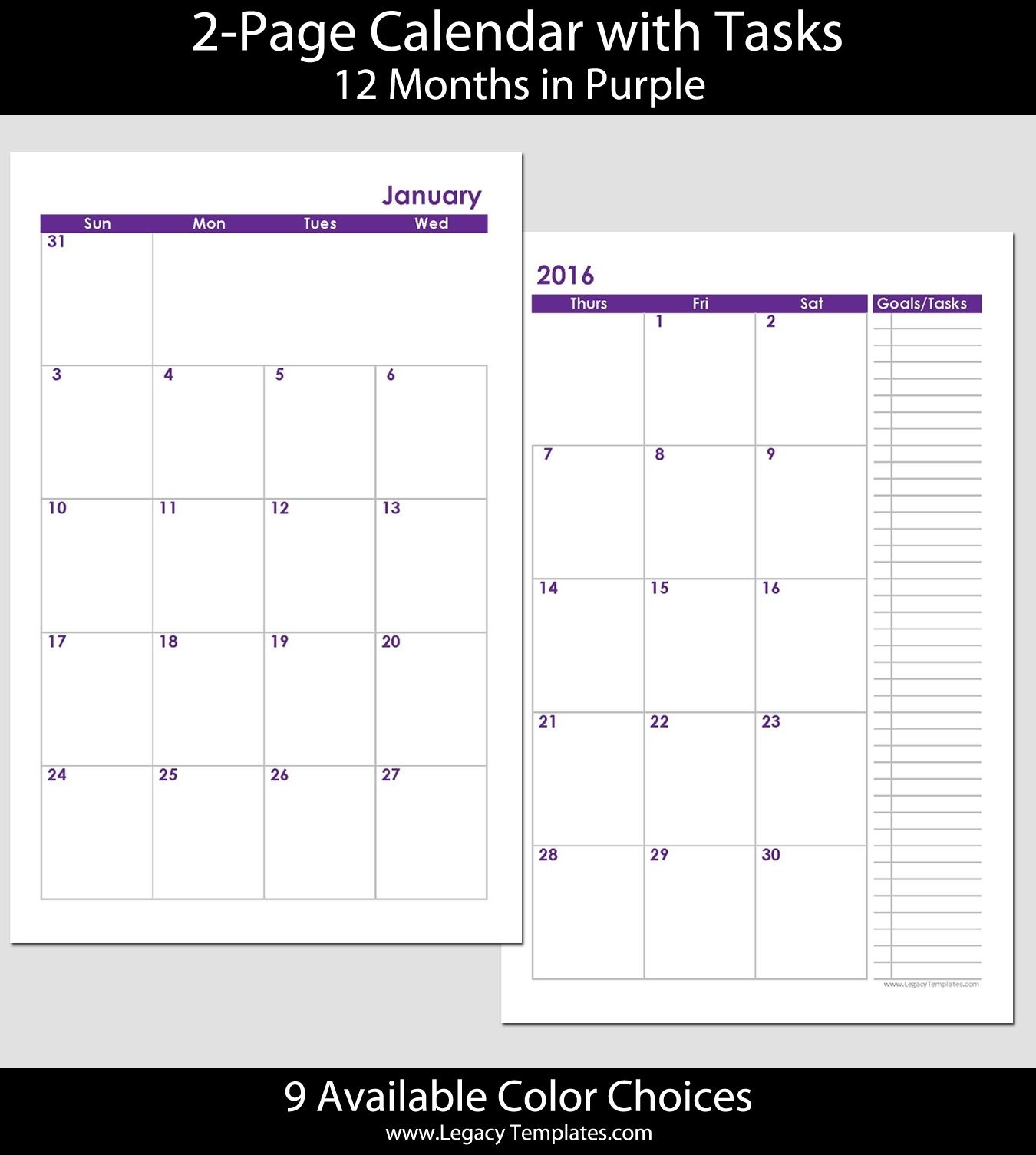 2015 12-Month 2 Page Calendar - Half Size | Calendar 1/2 Sheet Calendar Template