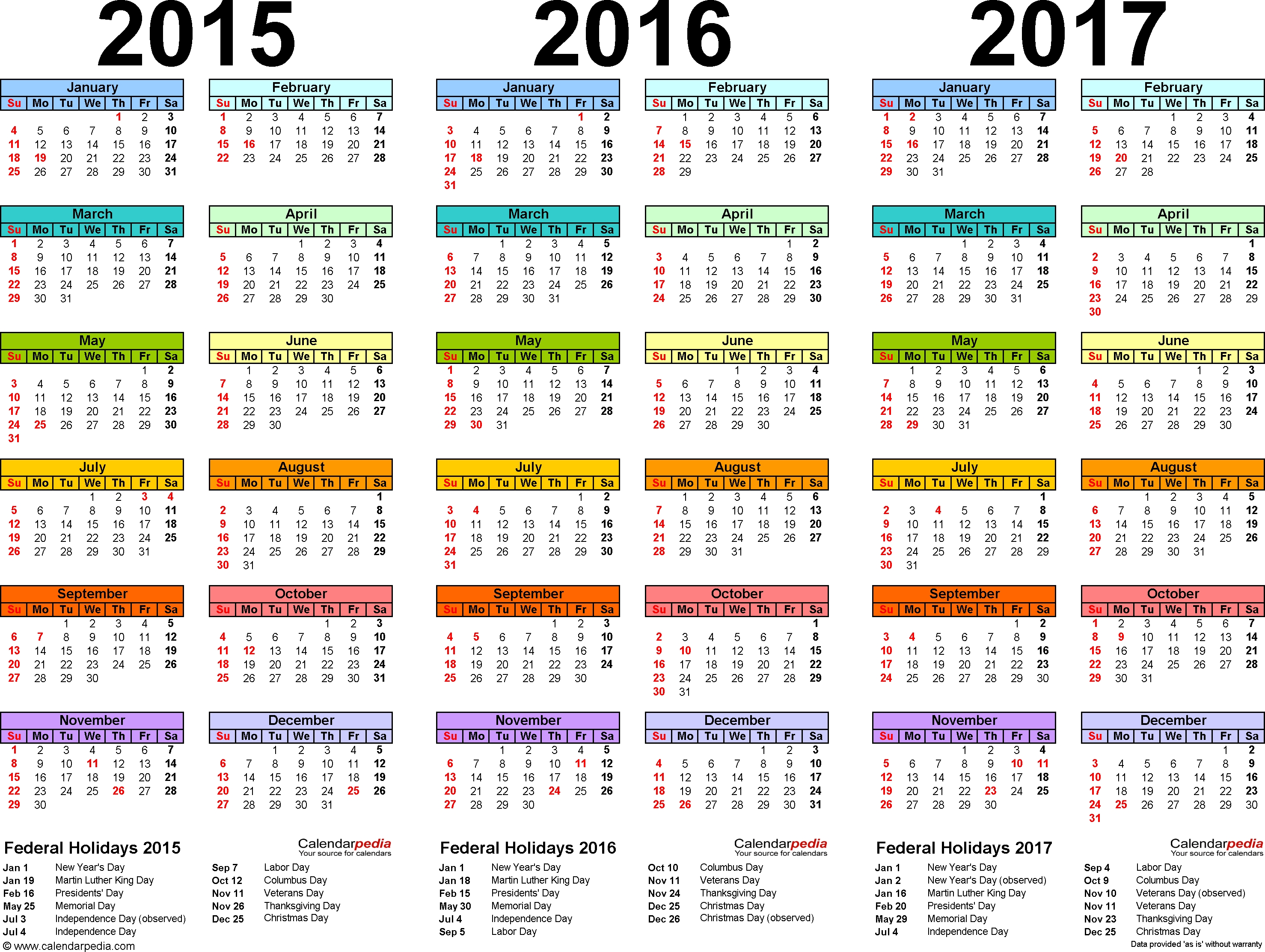 2015/2016/2017 Calendar - 4 Three-Year Printable Pdf Free 3 Year Calendar Templates