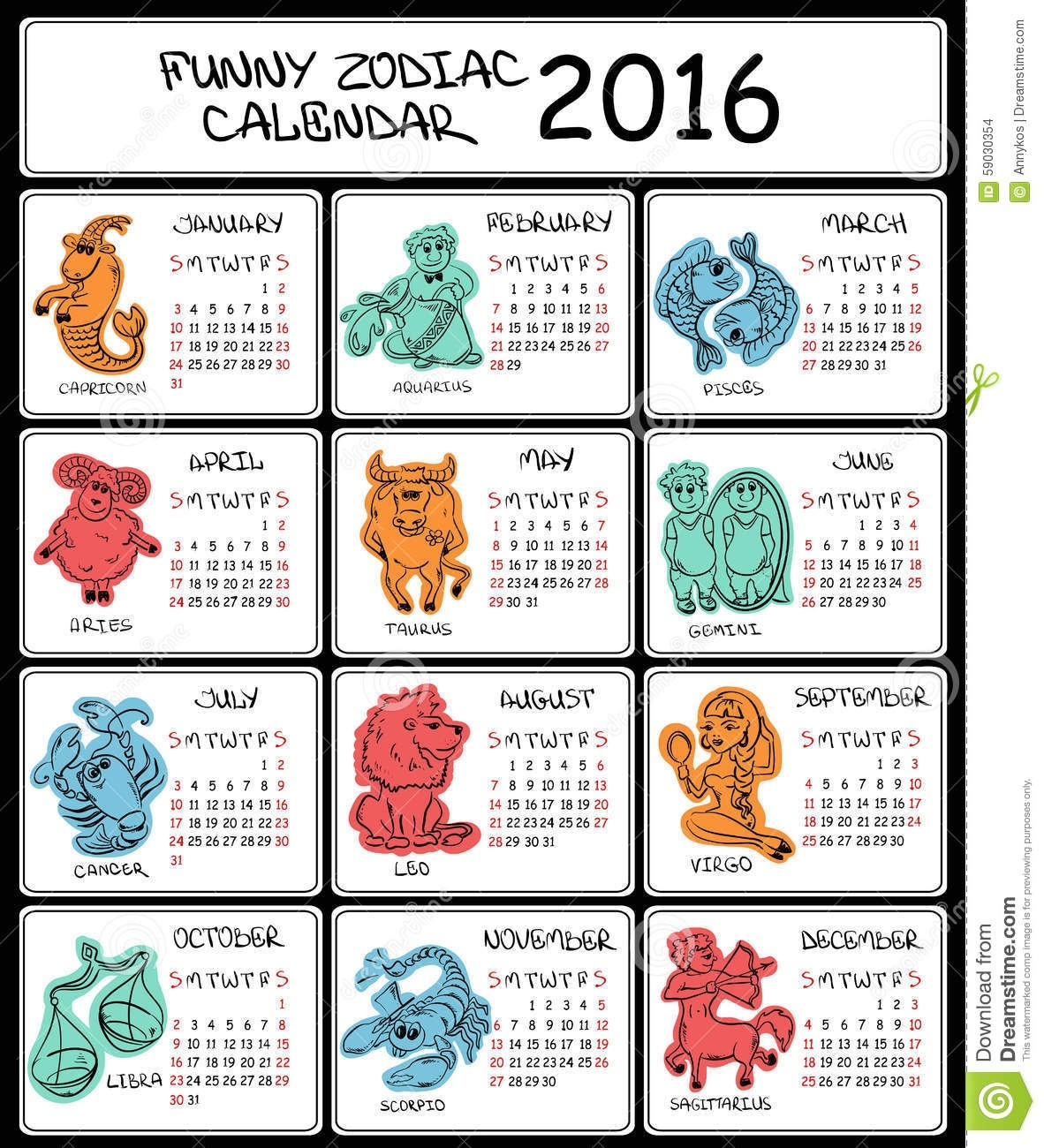 2016 Calendar Template With Zodiac Signs. Stock Vector English Calendar Zodiac Signs