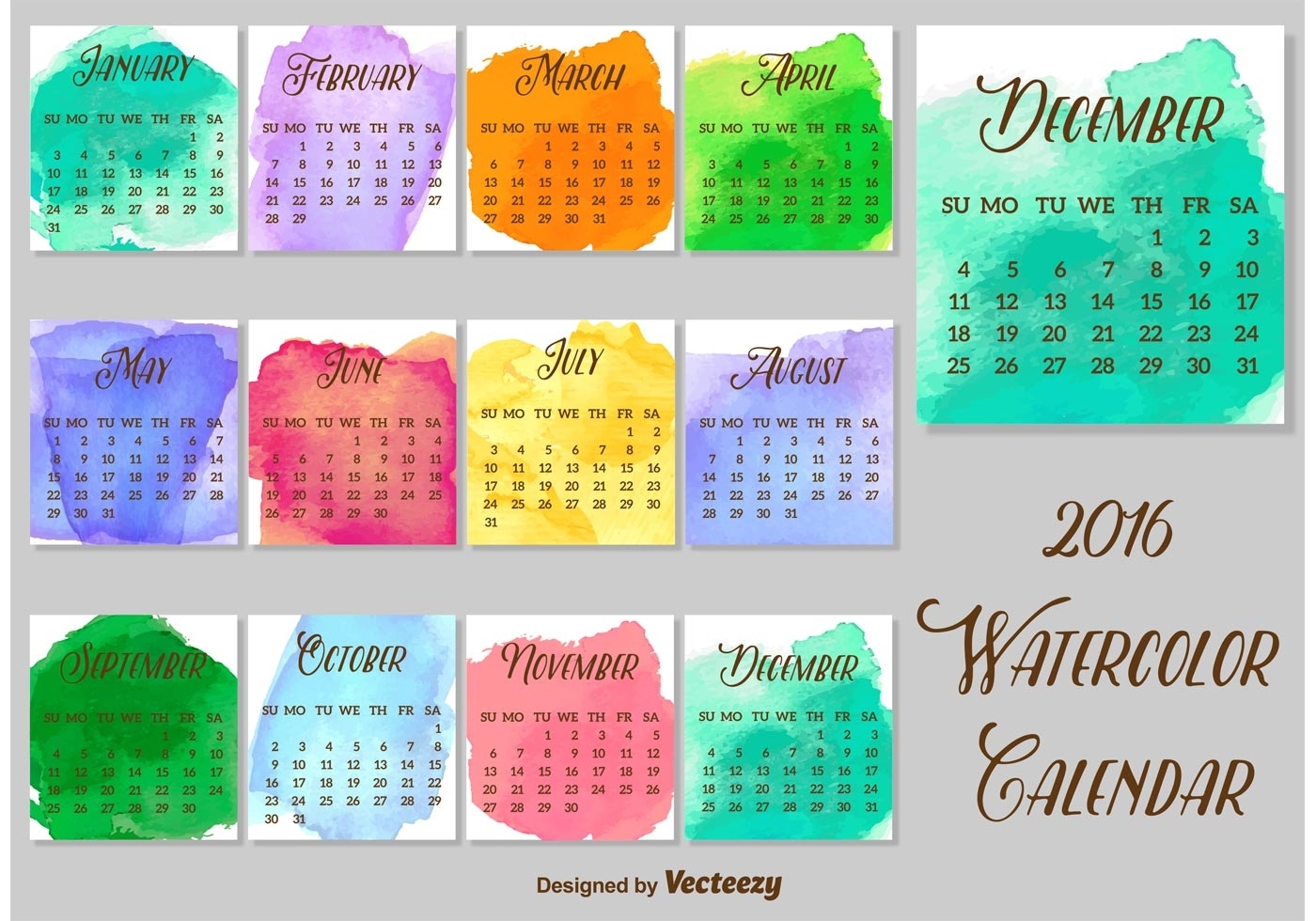 2016 Watercolored Calendar Vector Template - Download Free Free Calendar Template Vector