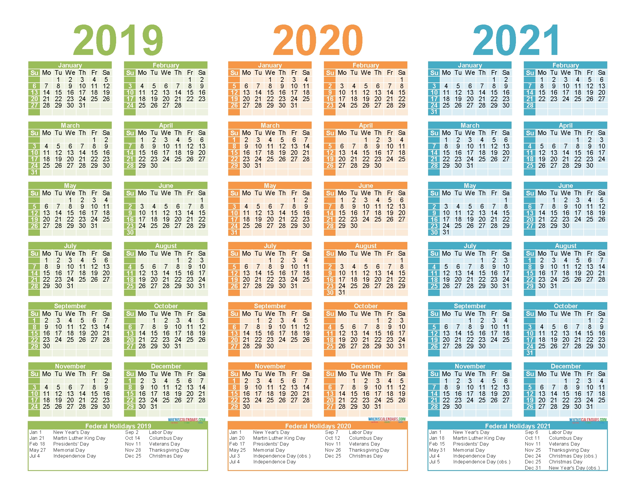 2019 2020 And 2021 Free Printable Calendar With Holidays 2 Column Calendar Template