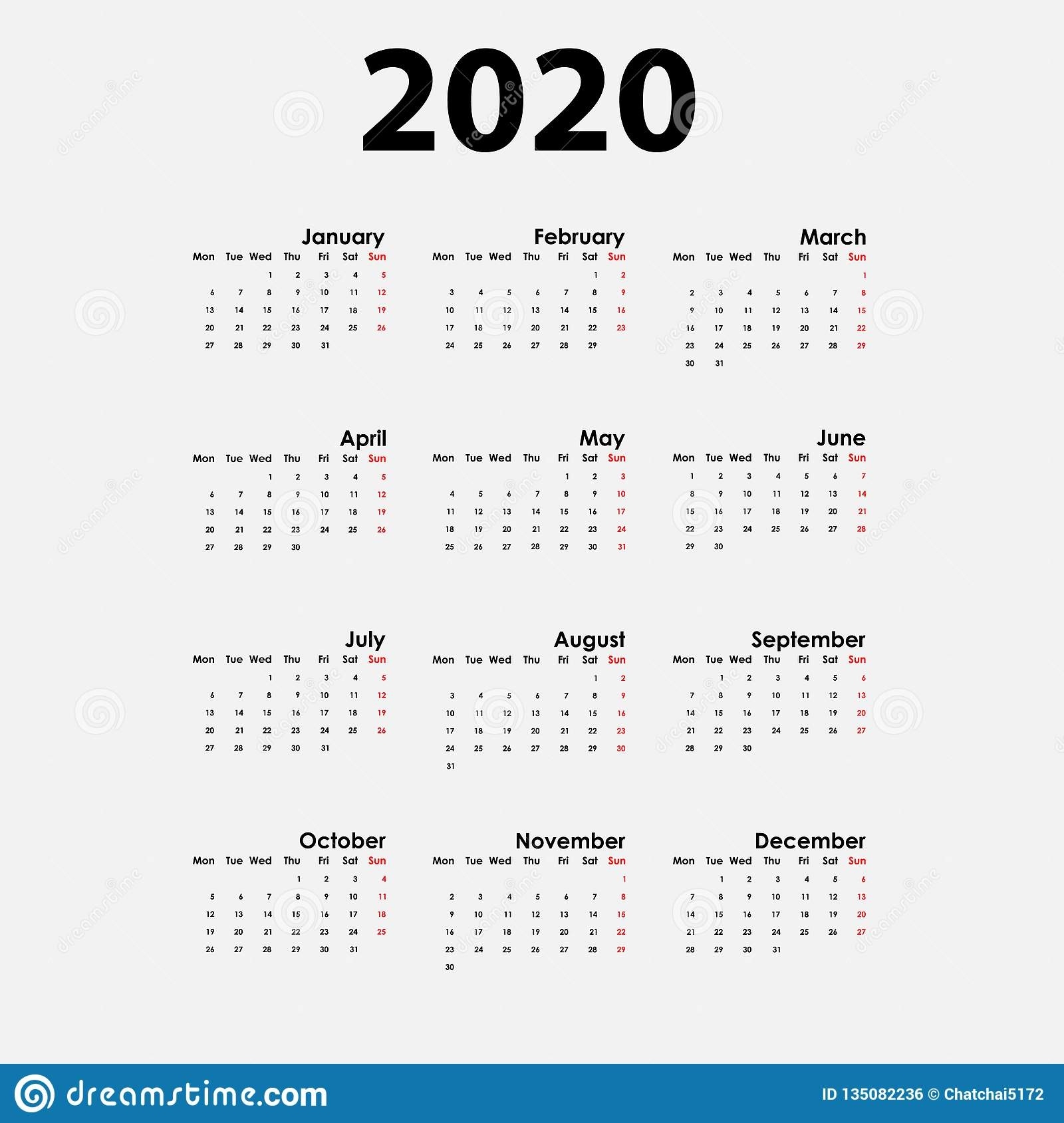 2020 Calendar Template.calendar 2020 Set Of 12 Months.yearly Free Calendar Template Vector