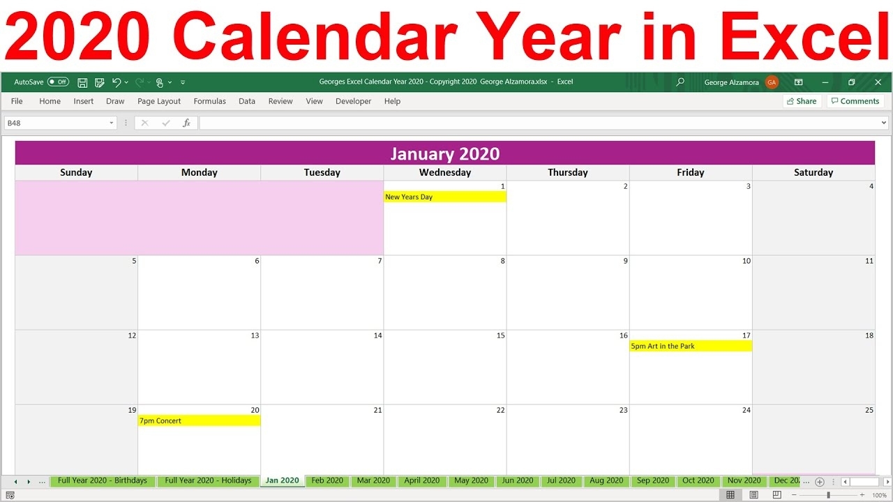 2020 Excel Calendar Template. 2020 Planner Spreadsheet. 2020 Year At A  Glance. 2020 Monthly Calendar A Calendar Template For Excel