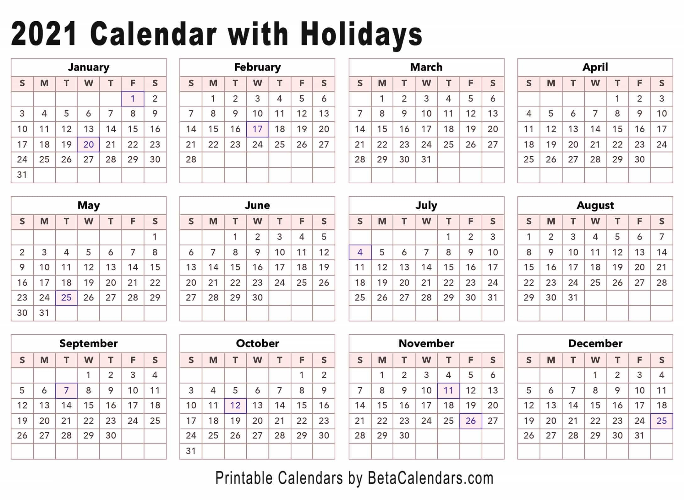 2021 Calendar - Beta Calendars Calendar 2021 With Holidays