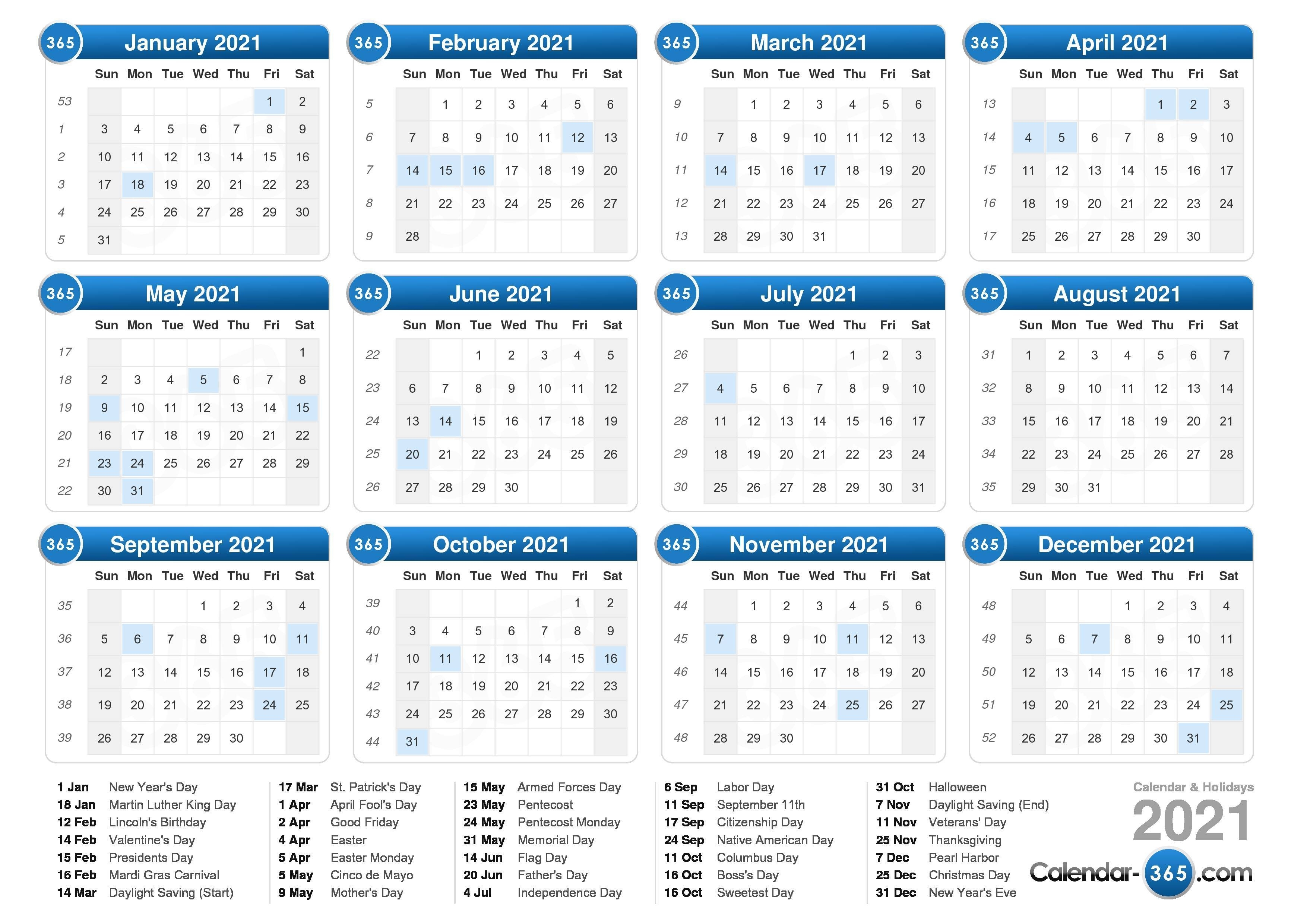 2021 Calendar Calendar 2021 With Holidays