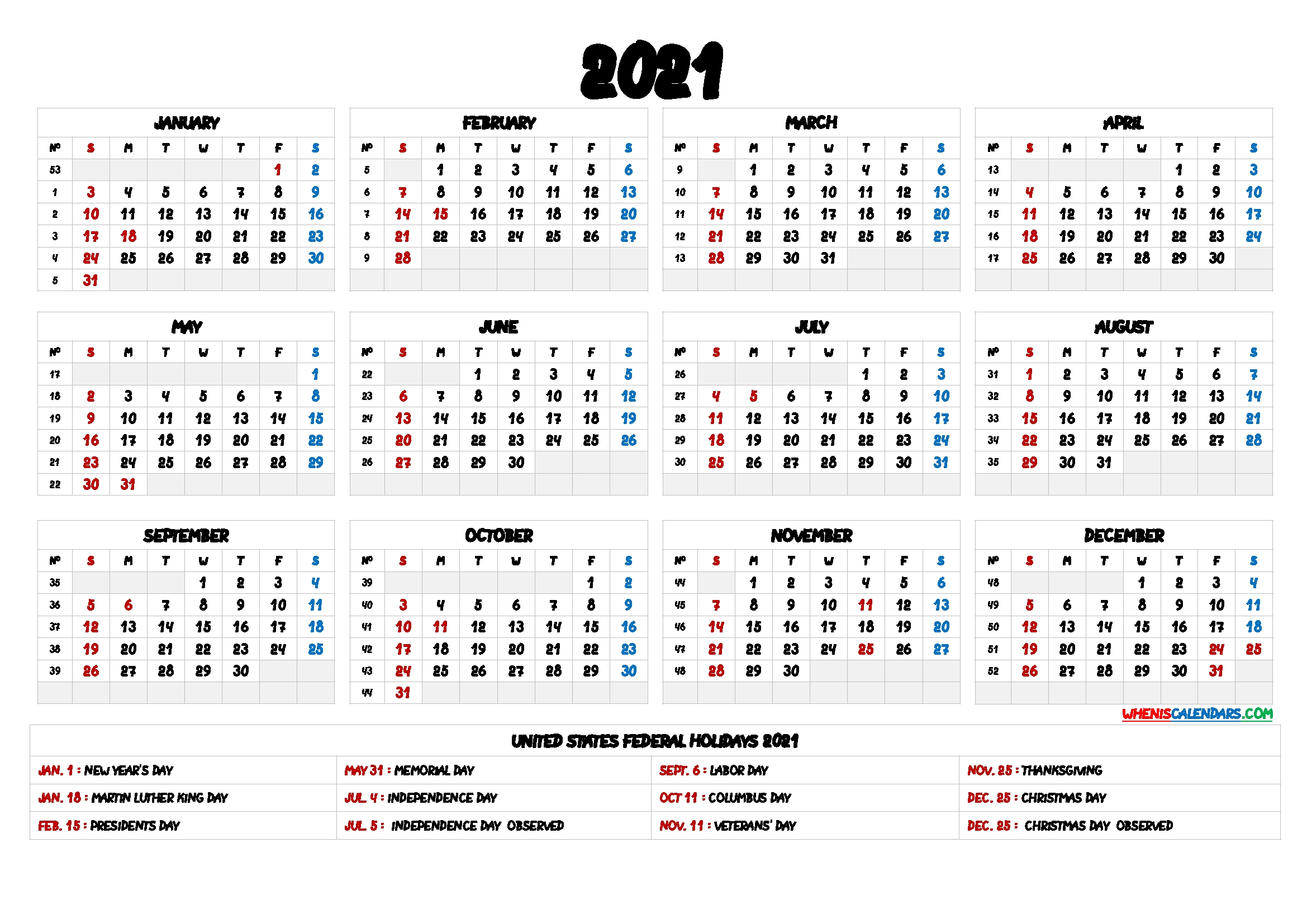 2021 One Page Calendar Printable - 9 Templates Calendar Template One Page