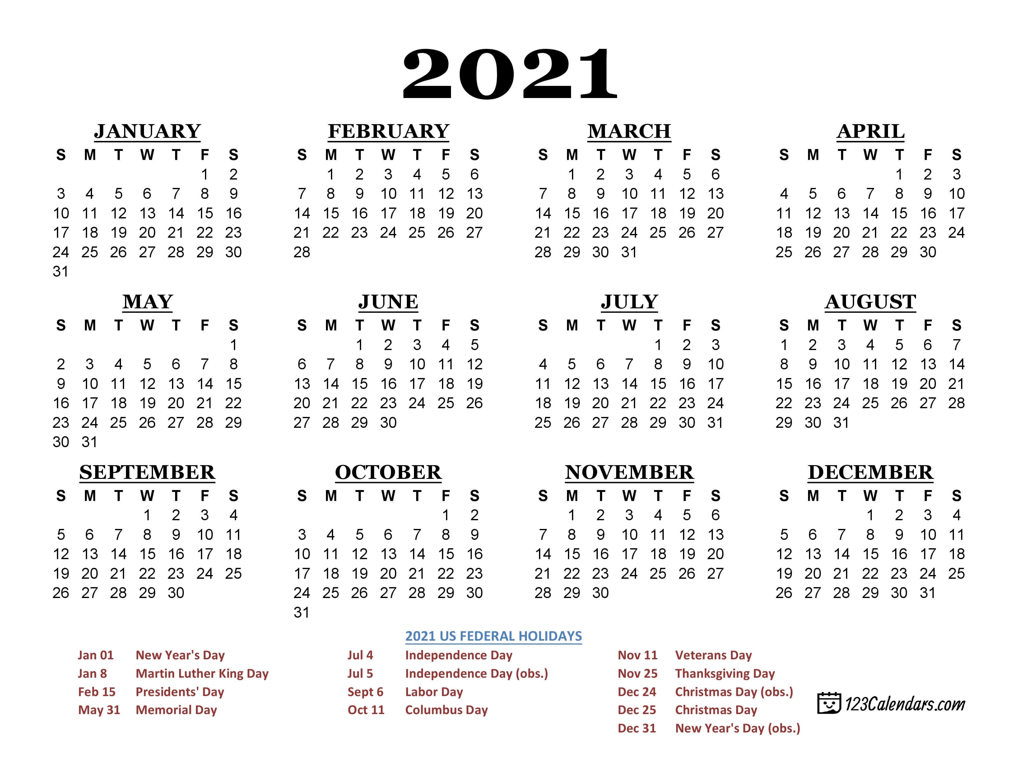 2021 Printable Calendar | 123Calendars Calendar 2021 With Holidays