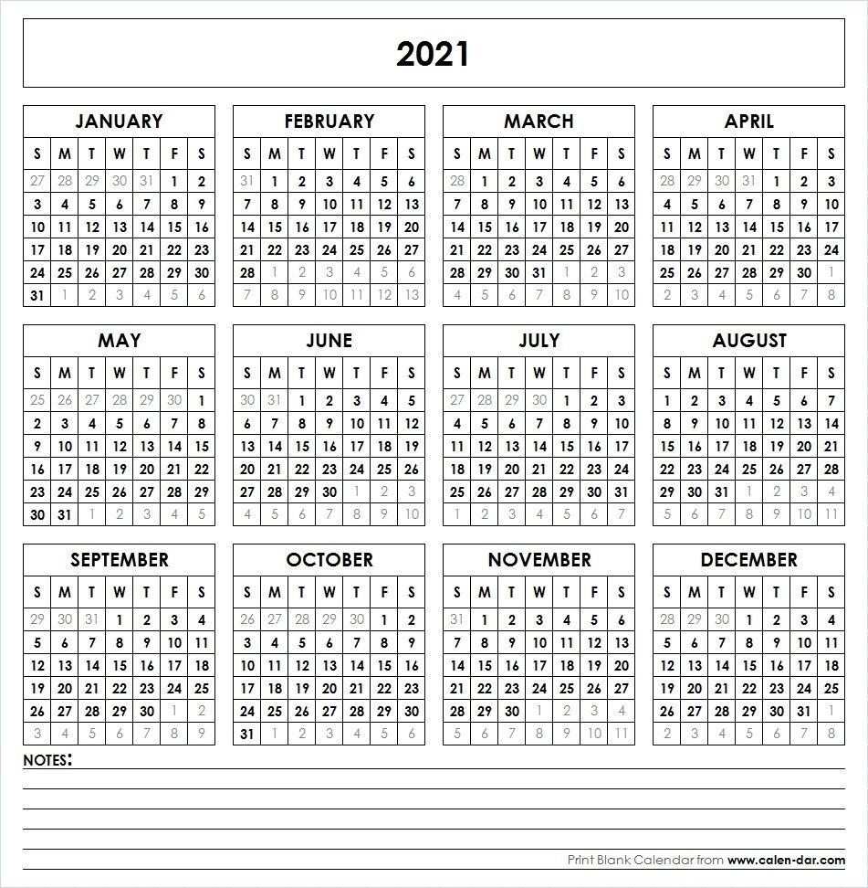 2021 Printable Calendar | Yearly Calendar Template 1/2 Sheet Calendar Template