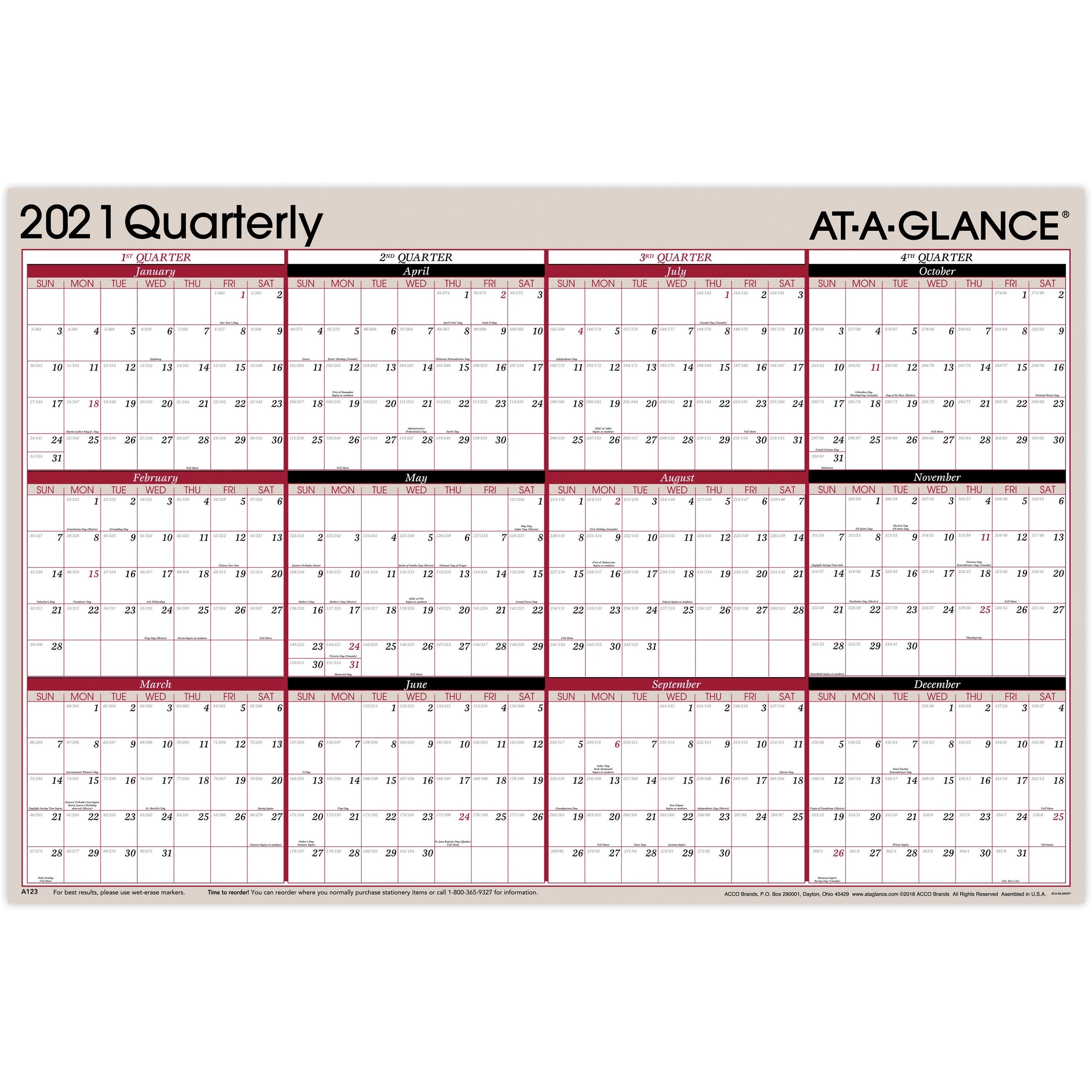 At-A-Glance Erasable/Reversible Yearly Wall Planner - Julian Dates -  Quarterly - 1 Year - January 2021 Till December 2021 - 24&quot; X 36&quot; Sheet Size  - 1&quot; Julian 235 2021