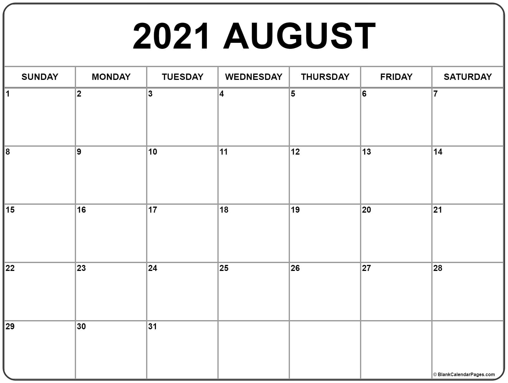 August 2021 Calendar | Free Printable Calendar August 2021 Template Calendar