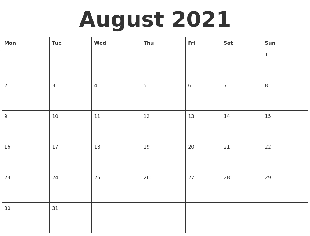 August 2021 Free Printable Calendar Templates Free Calendar Template August 2021