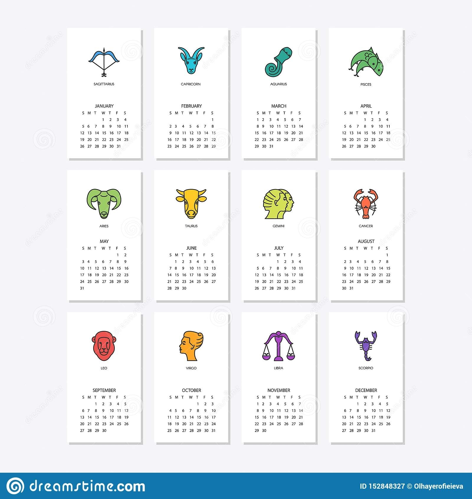 Calendar 2020 With Horoscope Signs Zodiac Symbols Set Stock English Calendar Zodiac Signs