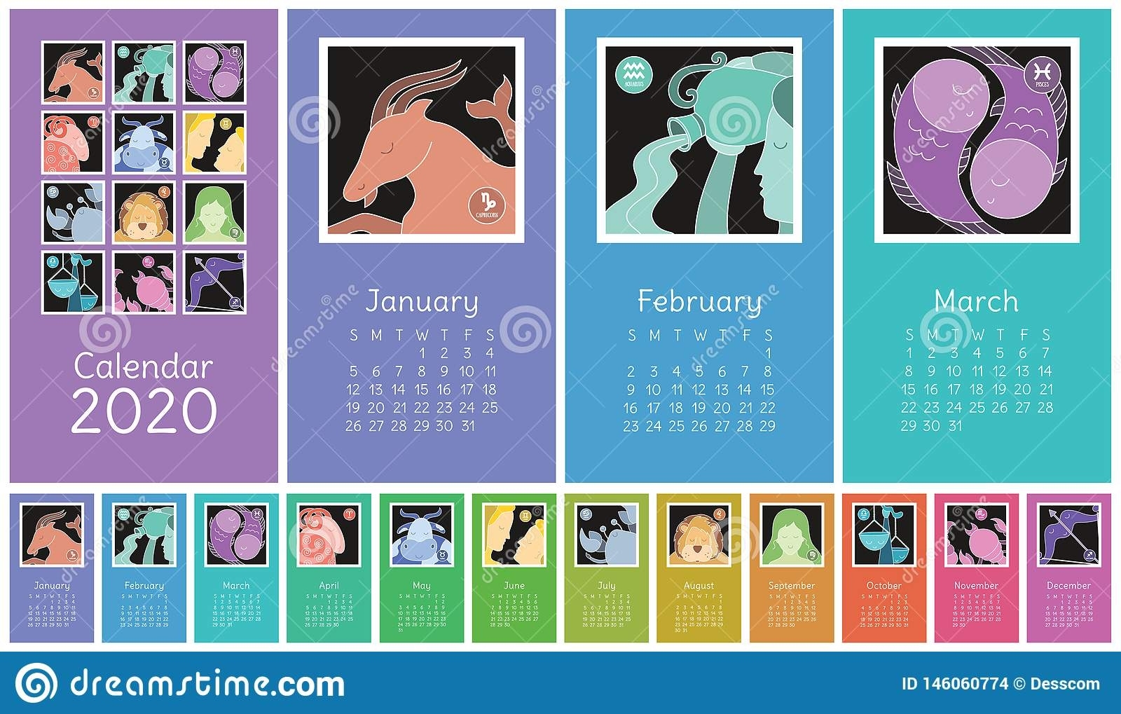 Calendar 2020. Zodiac Signs: Aquarius, Libra, Leo, Taurus English Calendar Zodiac Signs