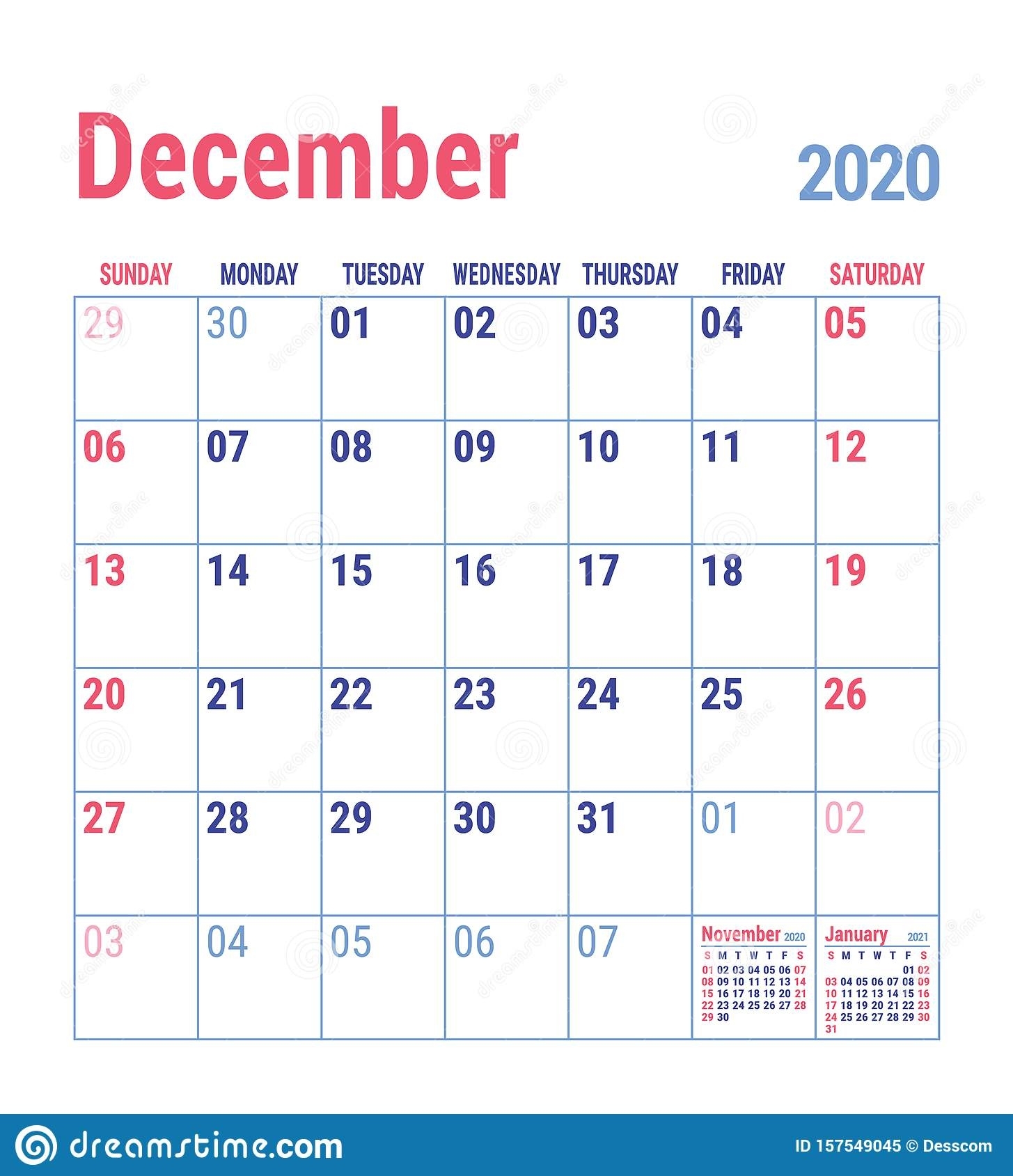 Calendar December 2020. English Calender Template. Vector Календарь Декабрь Схема2021