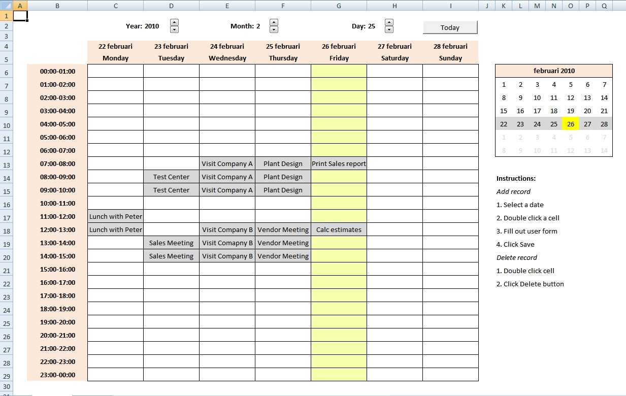 Calendar With Scheduling In Excel 2007 (Vba) | Weekly Calendar Template Excel 2007