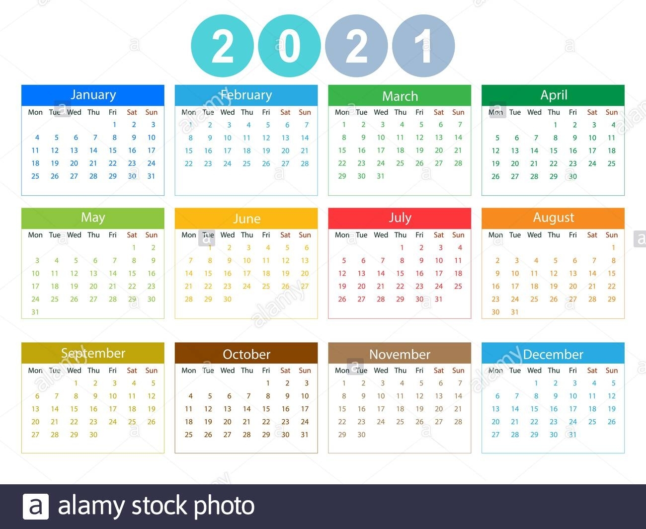 Calendario 2021, La Semana Comienza El Lunes. Ilustración Calendario 2021 Con Semanas