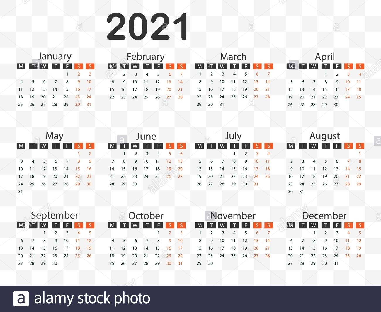 Calendario 2021, La Semana Comienza El Lunes. Ilustración Calendario 2021 Con Semanas