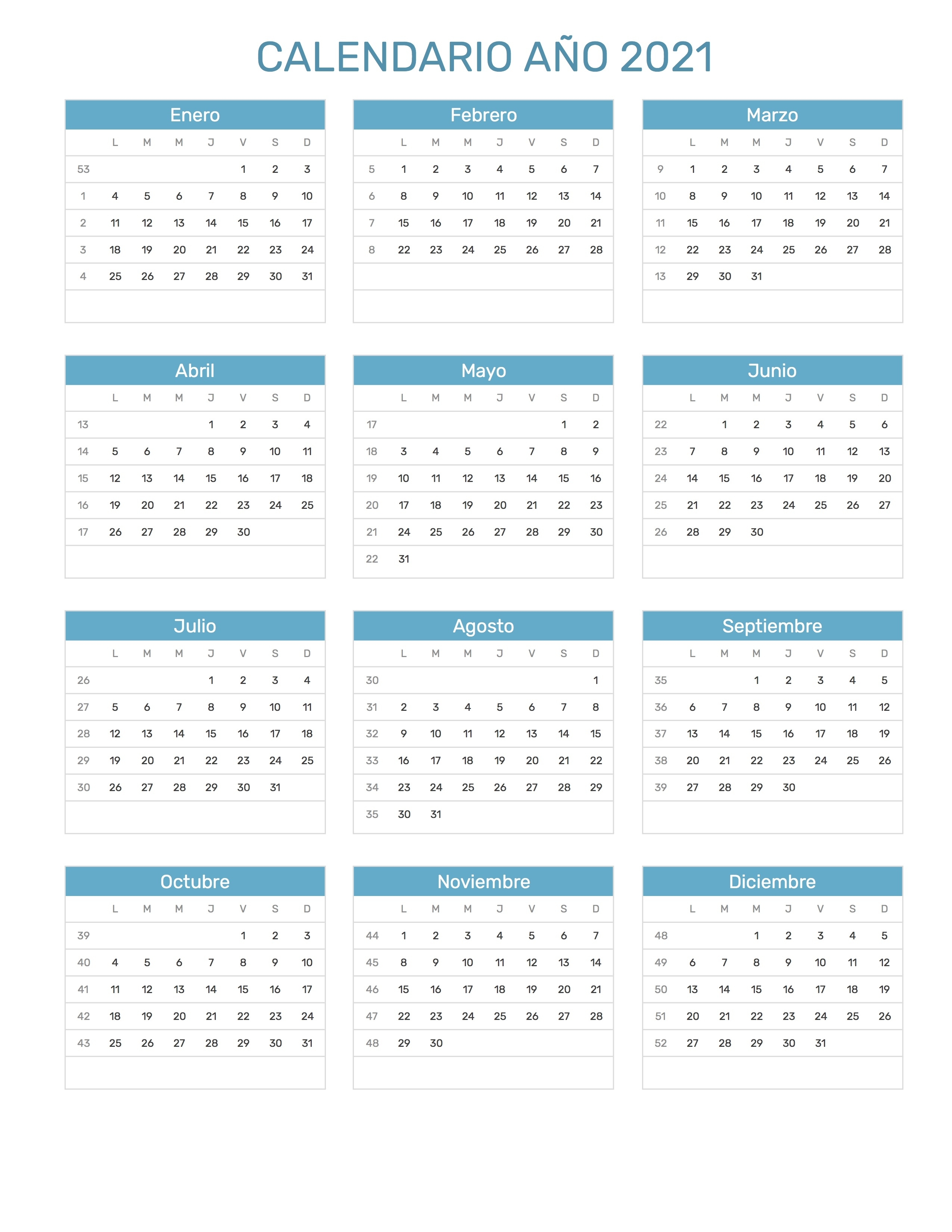 Calendario Año 2021 Calendario 2021 Con Semanas