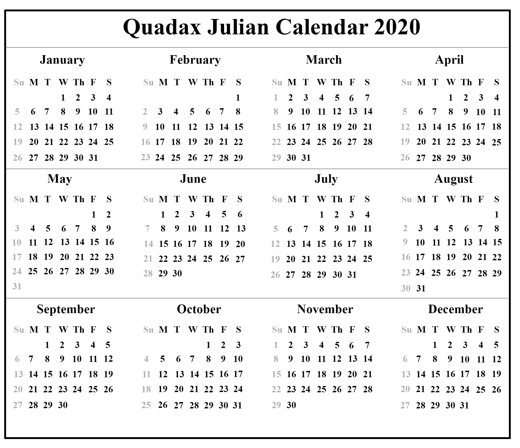 Calendario Juliano 2020 Quadax | Calendar For Planning Calendario Juliano 2021