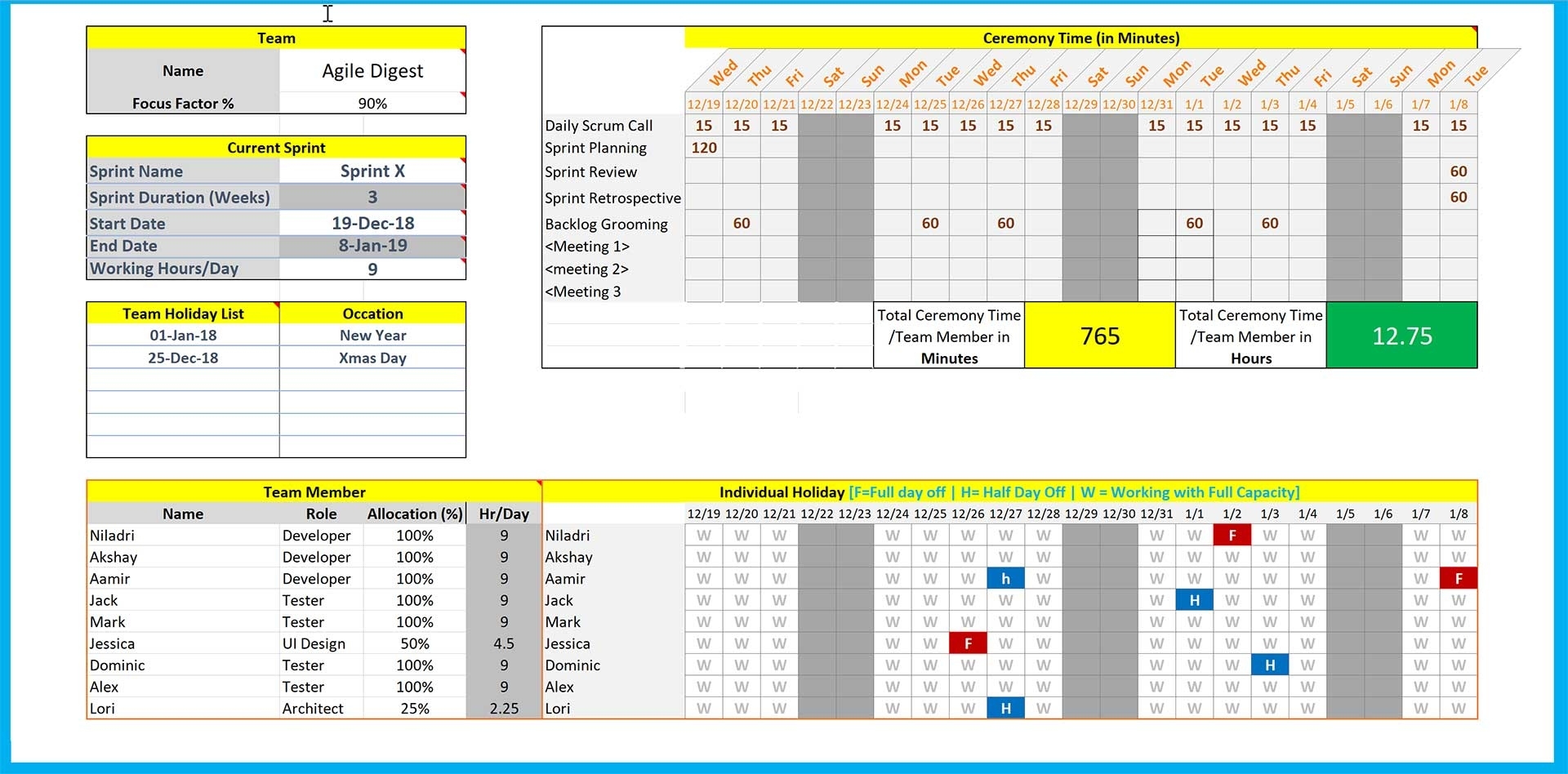 Capacity &amp; Sprint Planning - Template Sprint Calendar Template Excel