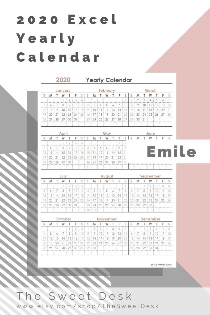 Editable Yearly Calendar 2020 Excel Template Printable Print Ready Calendar Template