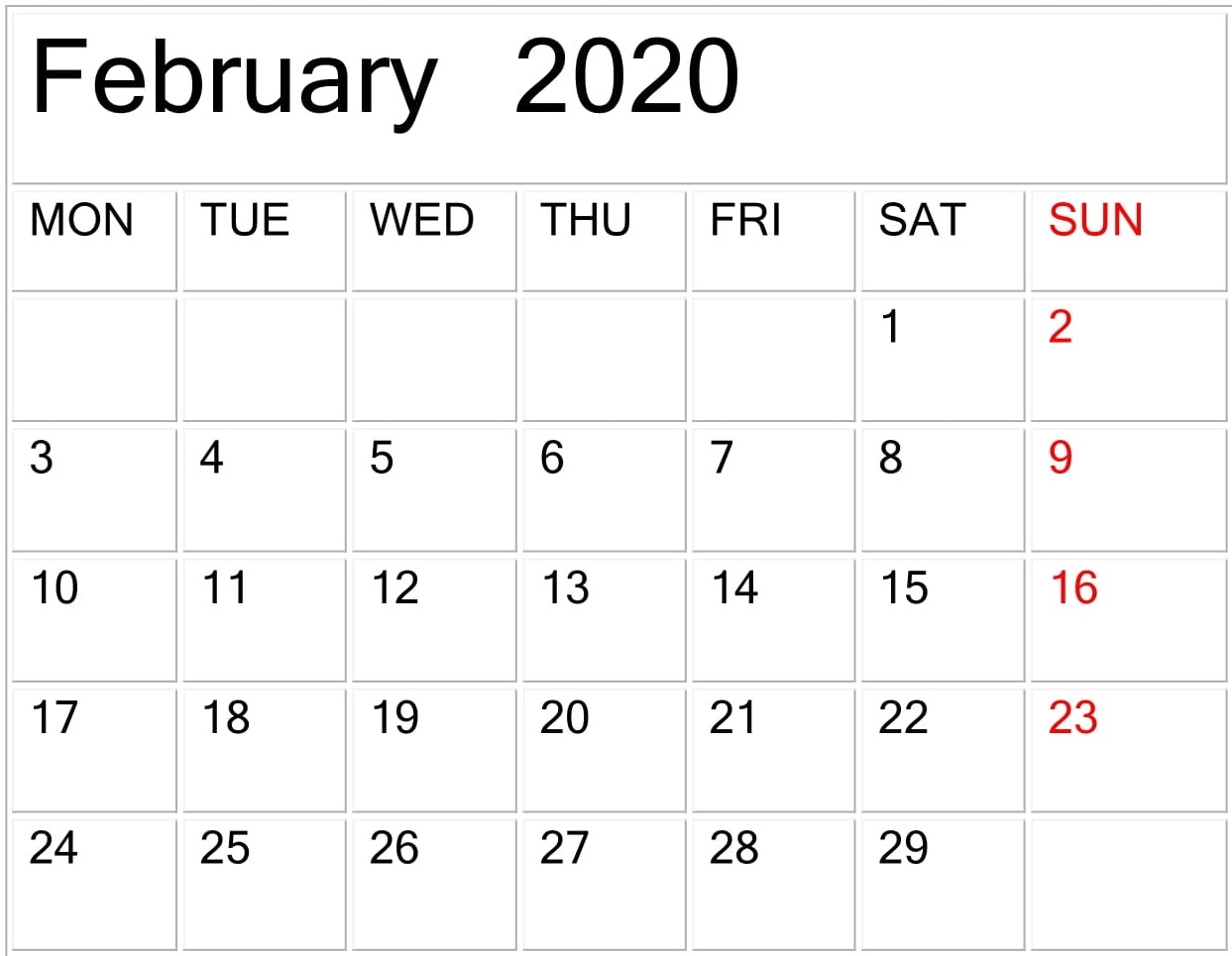 February 2020 Calendar Template Large Print - Latest Calendar Template To Print Free