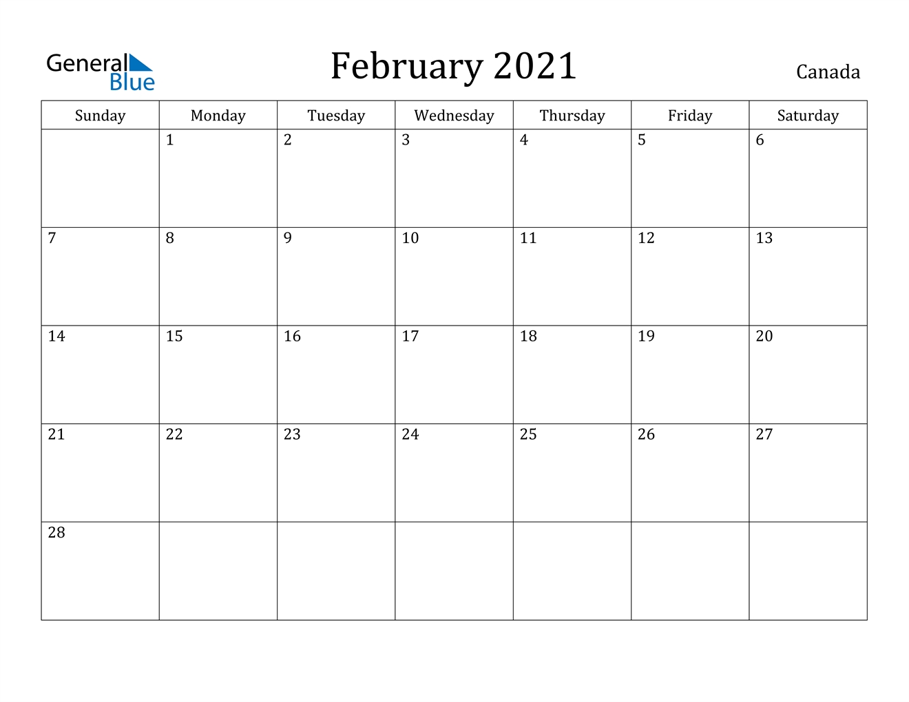 February 2021 Calendar - Canada Calendar 2021 With Holidays