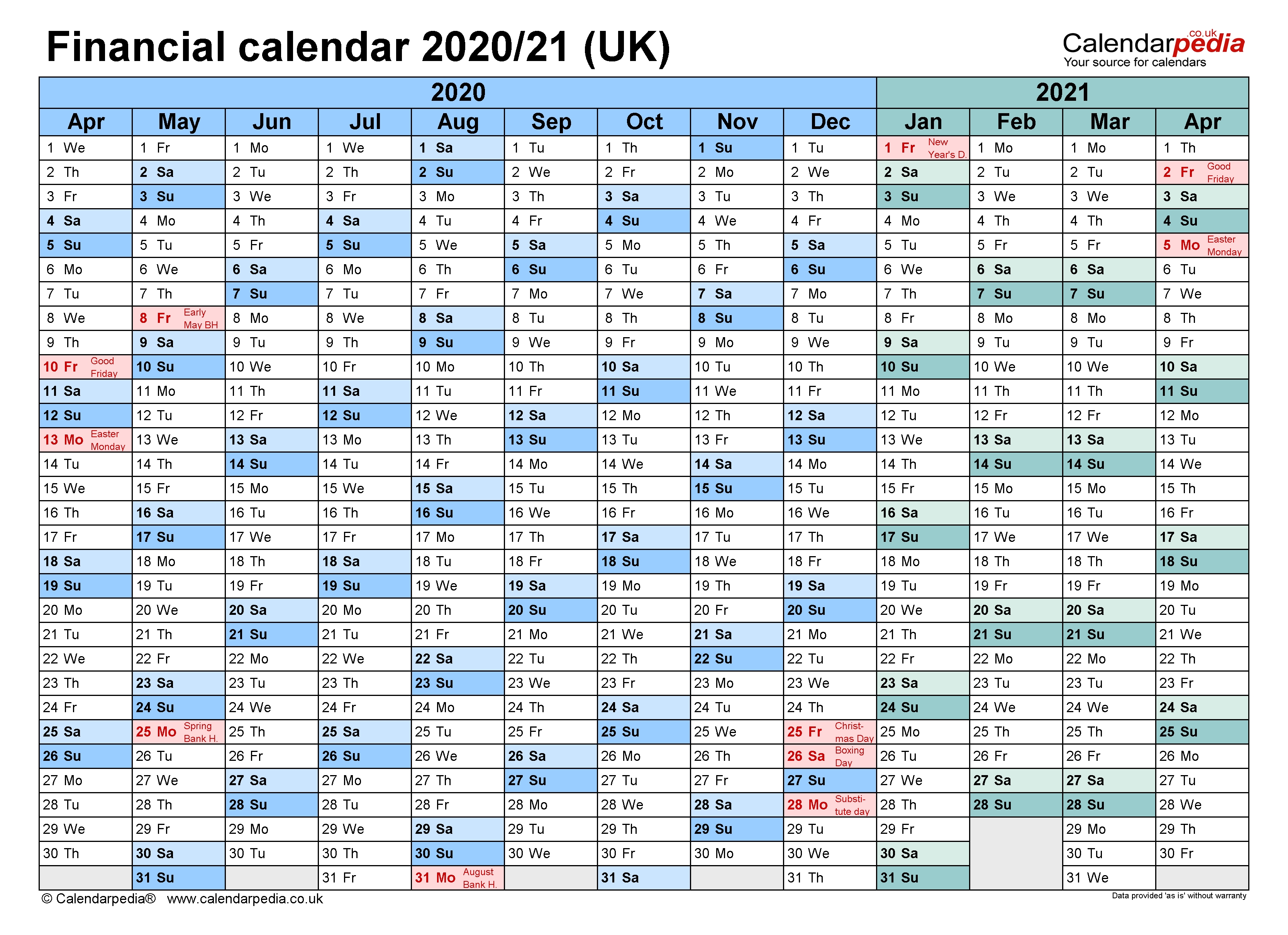 Financial Calendars 2020/21 Uk In Pdf Format Financial Calendar 2021/21 Excel