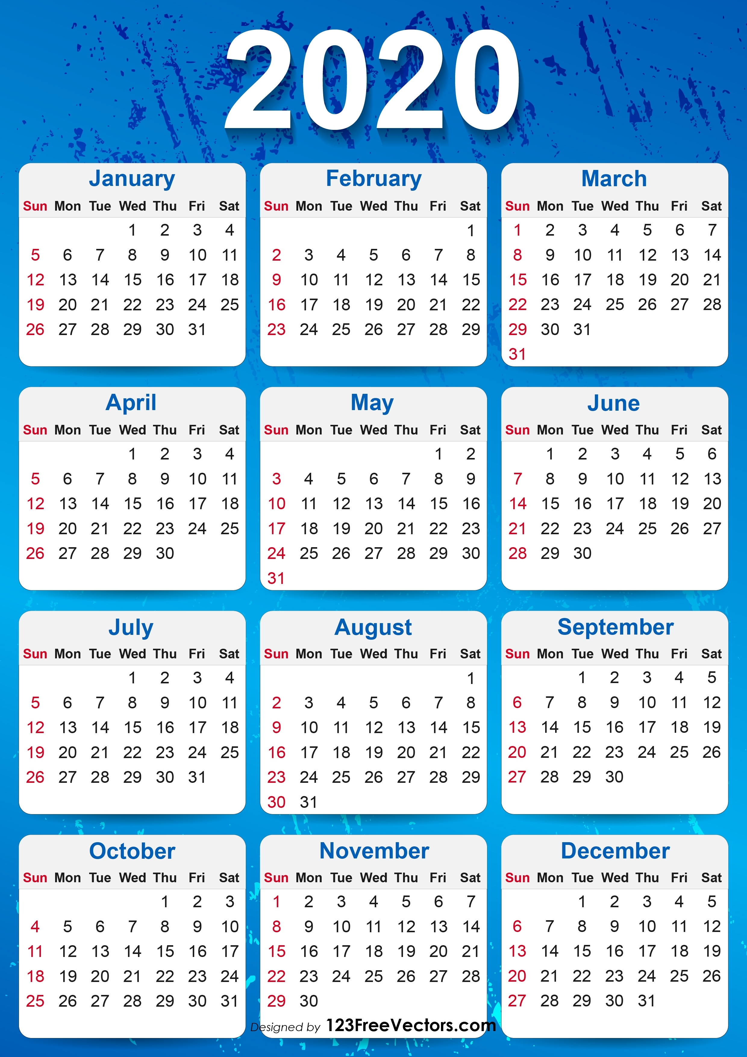 Free 2020 Yearly Calendar Printable 6 X 9 Calendar Template